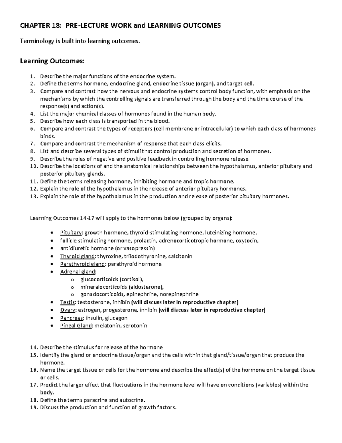 Chapter 18 - Endocrine - Study Guide - CHAPTER 18: PRE-LECTURE WORK and ...