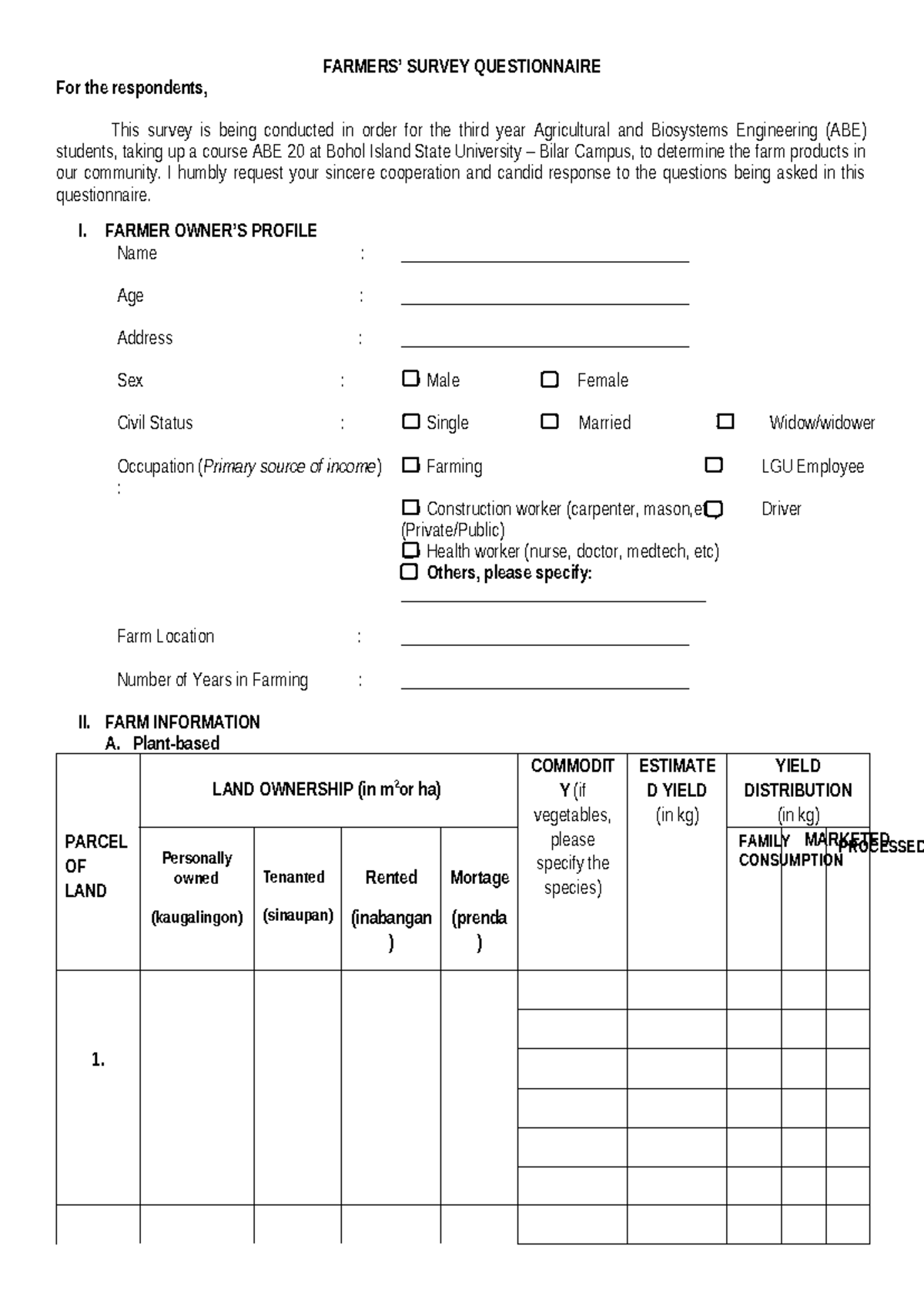 Bsabe 3A ABE 20 Questionnaire - FARMERS’ SURVEY QUESTIONNAIRE For the ...