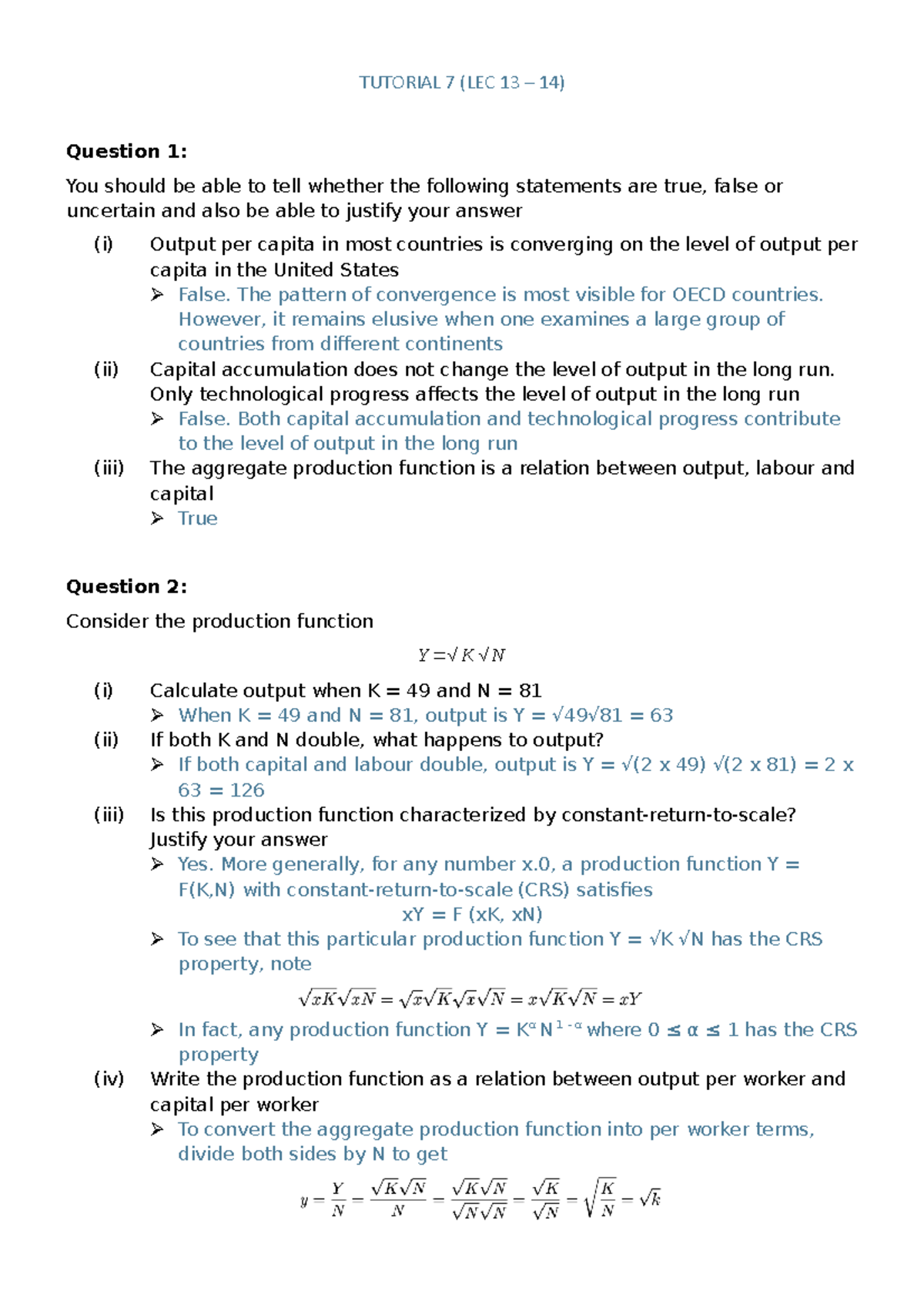 Intermediate Macroeconomic - Tutorial 7 Answer - TUTORIAL 7 (LEC 13 ...