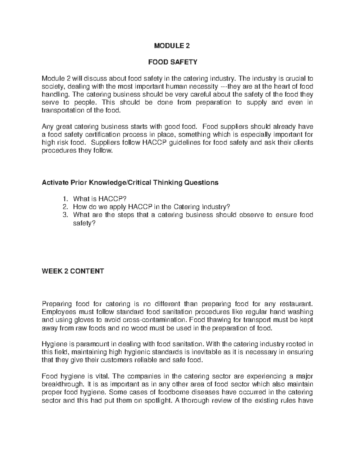 Week 2 Food Safety About Food Safety - Module 2 Food Safety Module 2 