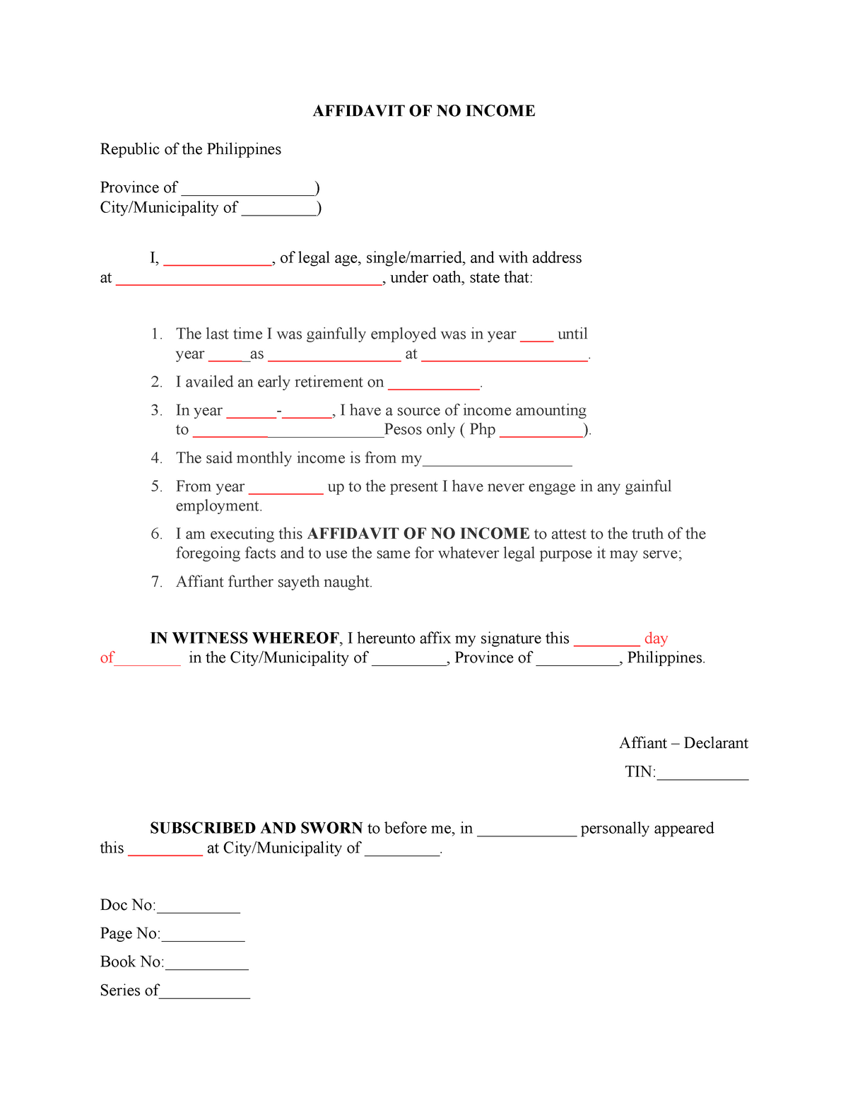 Affidavit Of No Income Grade 7 AFFIDAVIT OF NO INCOME Republic Of 