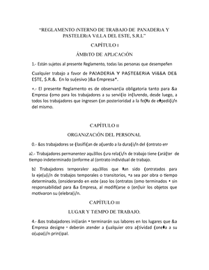 Reglamento interior de trabajo de panaderia cafeteria y delicateses villa  oeste - “REGLAMENTO - Studocu