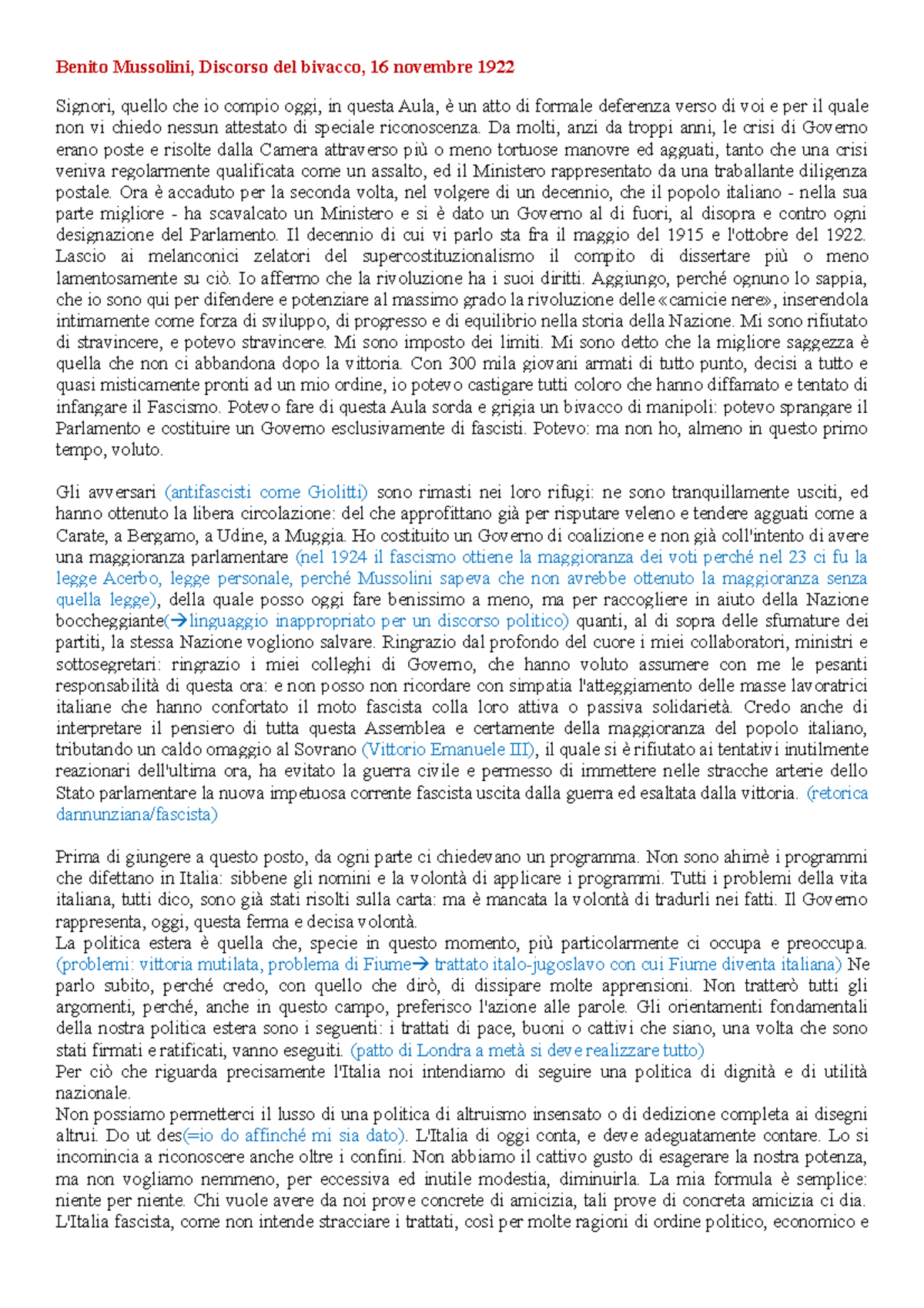 MussoliniDiscorso del bivacco Benito Mussolini, Discorso del bivacco