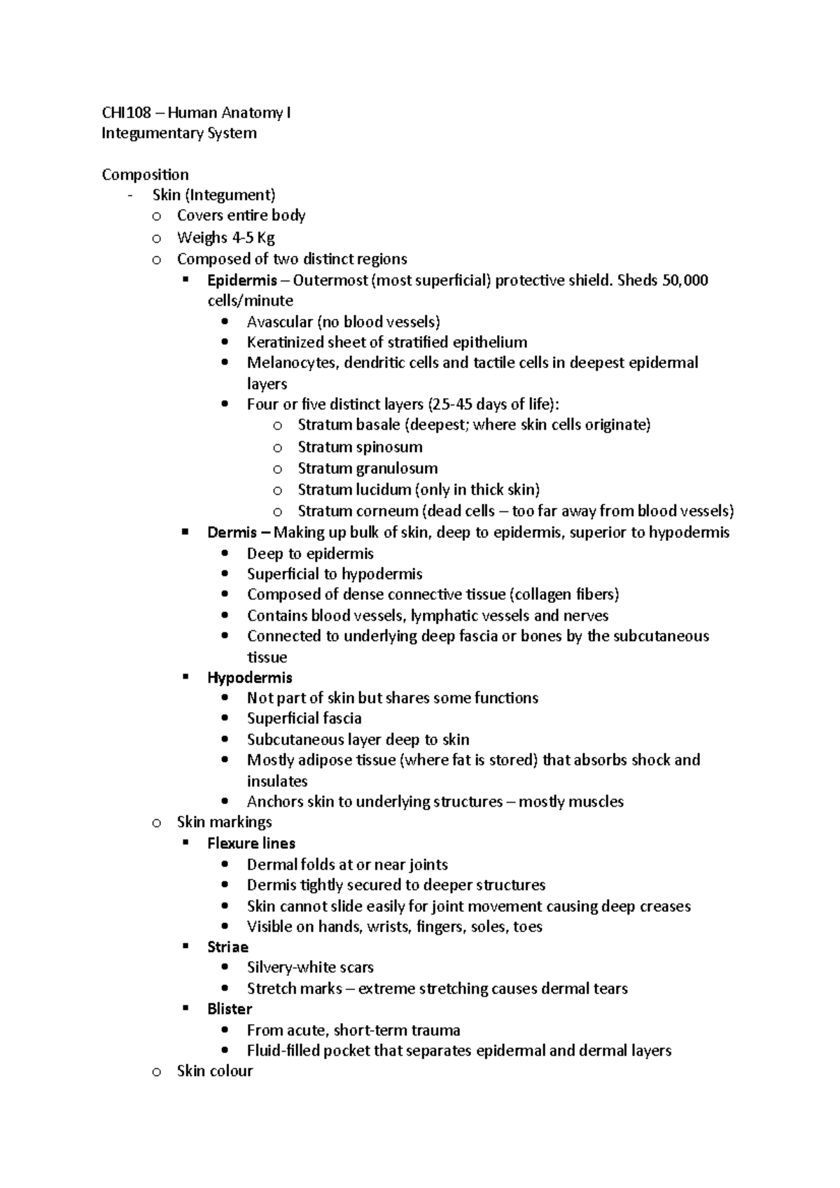 Integumentary System - Lecture 1 - CHI108 Human Anatomy I Integumentary ...