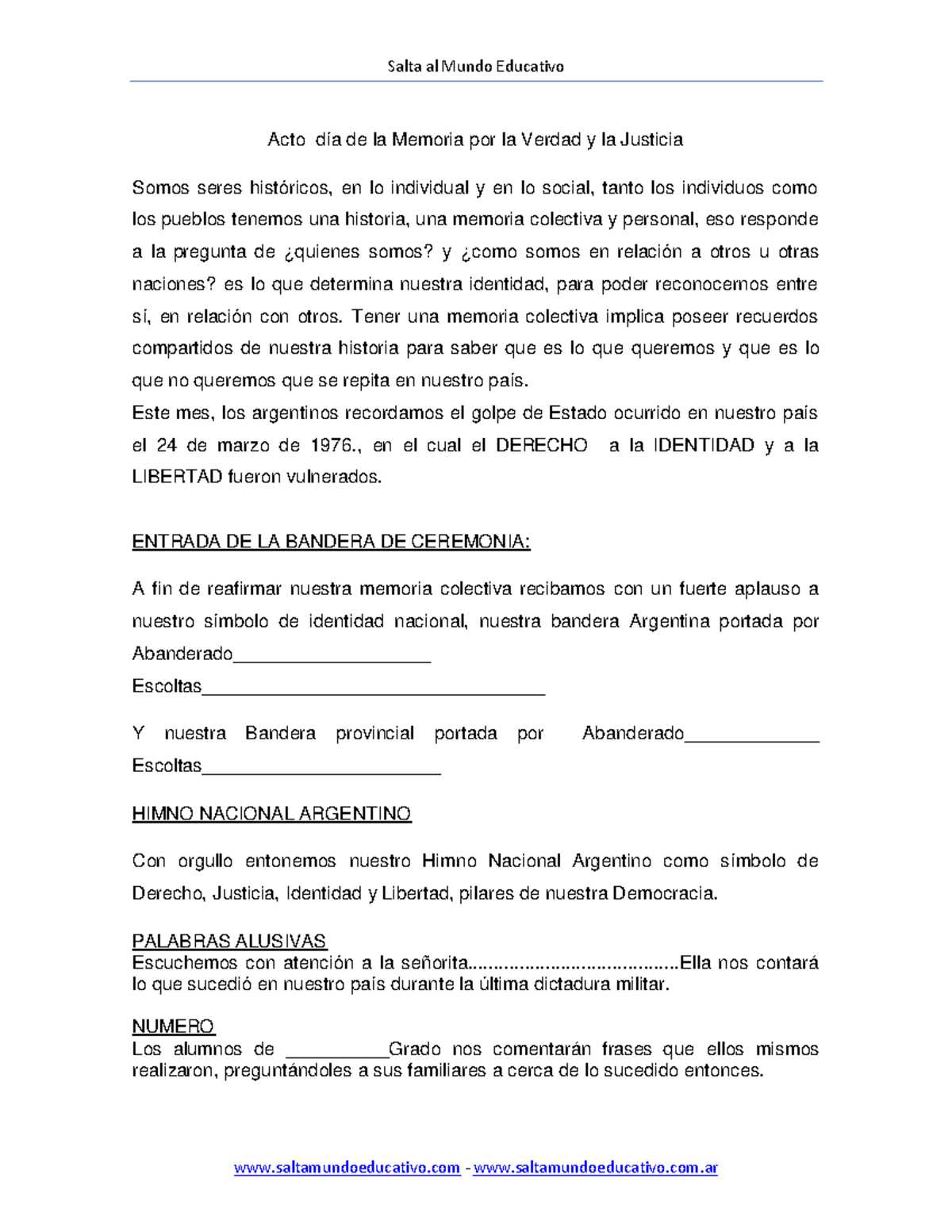 24 de Marzo Dia de la Memoria por la Verdad y la Justicia Acto - Acto ...