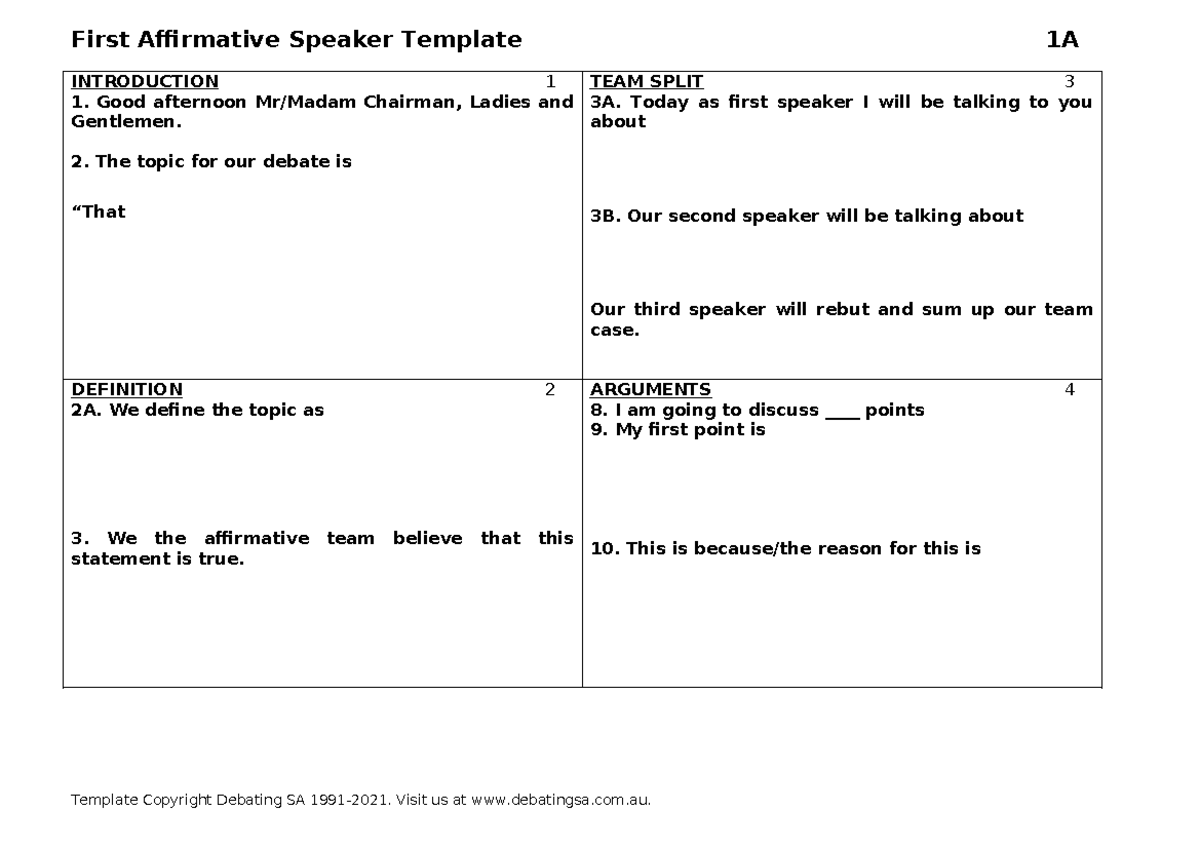 Speech Structure Template Cue Card Format DOCX - First Affirmative ...