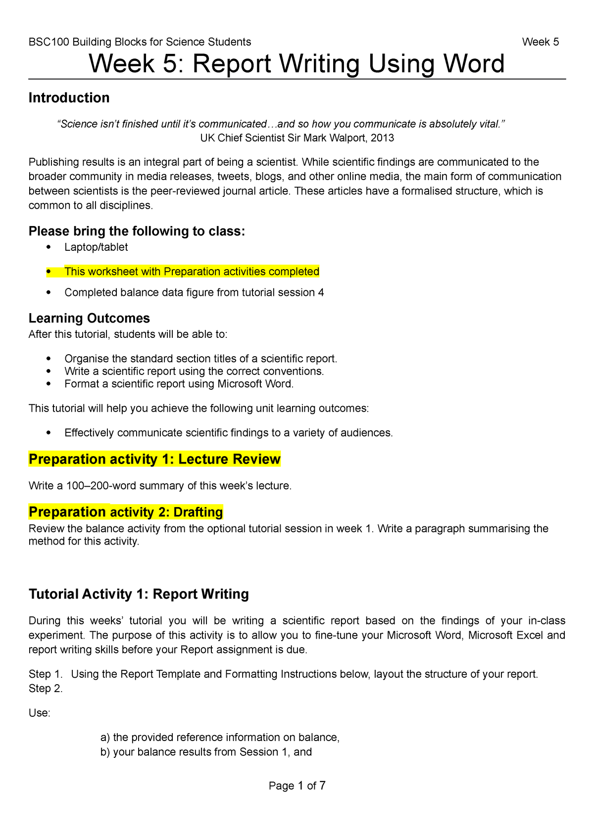 Week 5 Writing Scientific Reports - BSC100 - Murdoch - Studocu