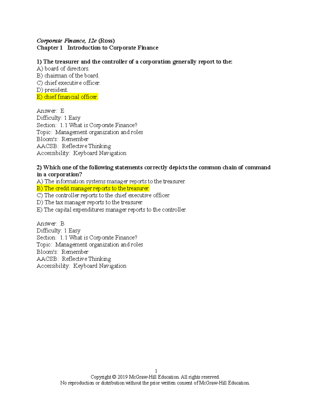 Answer Key - CHAP 1 - Corporate Finance - Corporate Finance, 12e (Ross ...