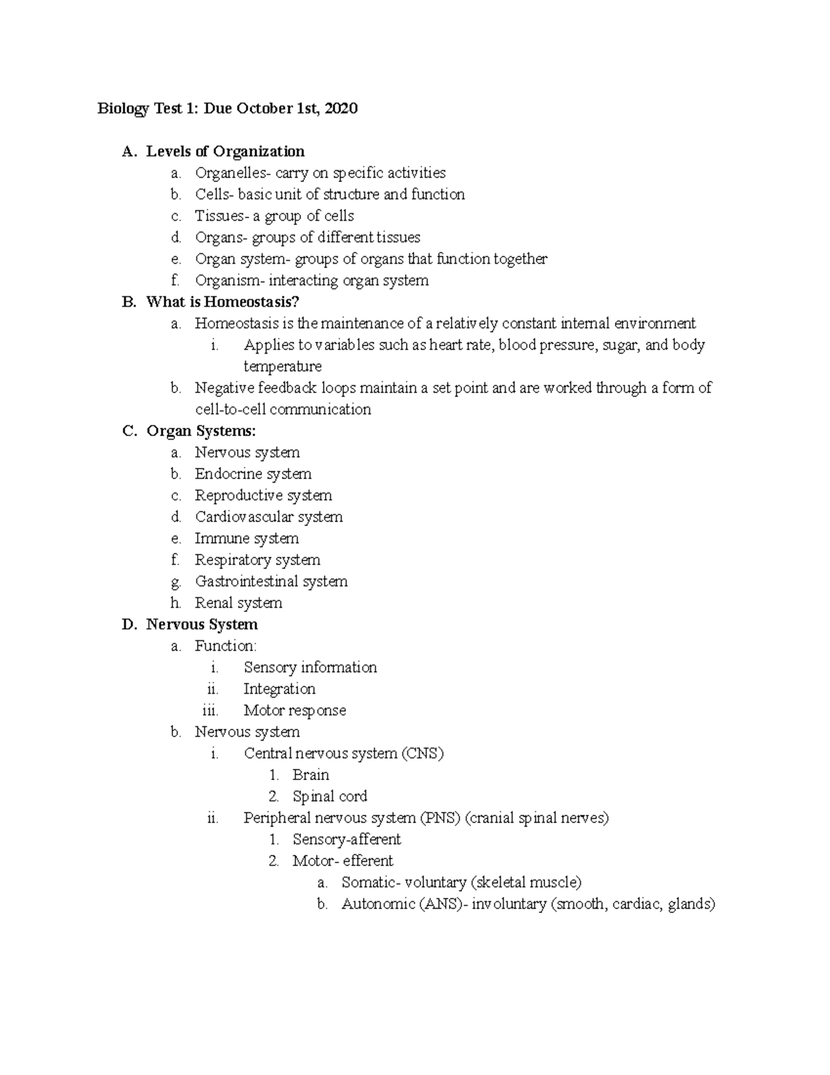Bio Test 1 - this is the outline of the course material for the test ...