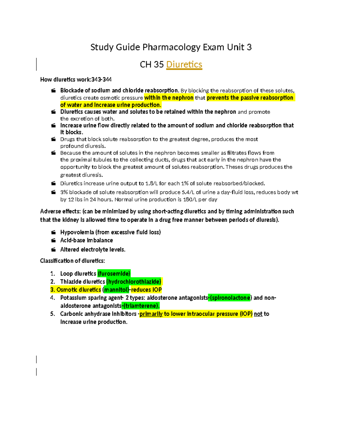 NU 578 Unit 3 Exam Study Guide Pharmacology Exam Unit 3 CH 35 Diuretics How diuretics work