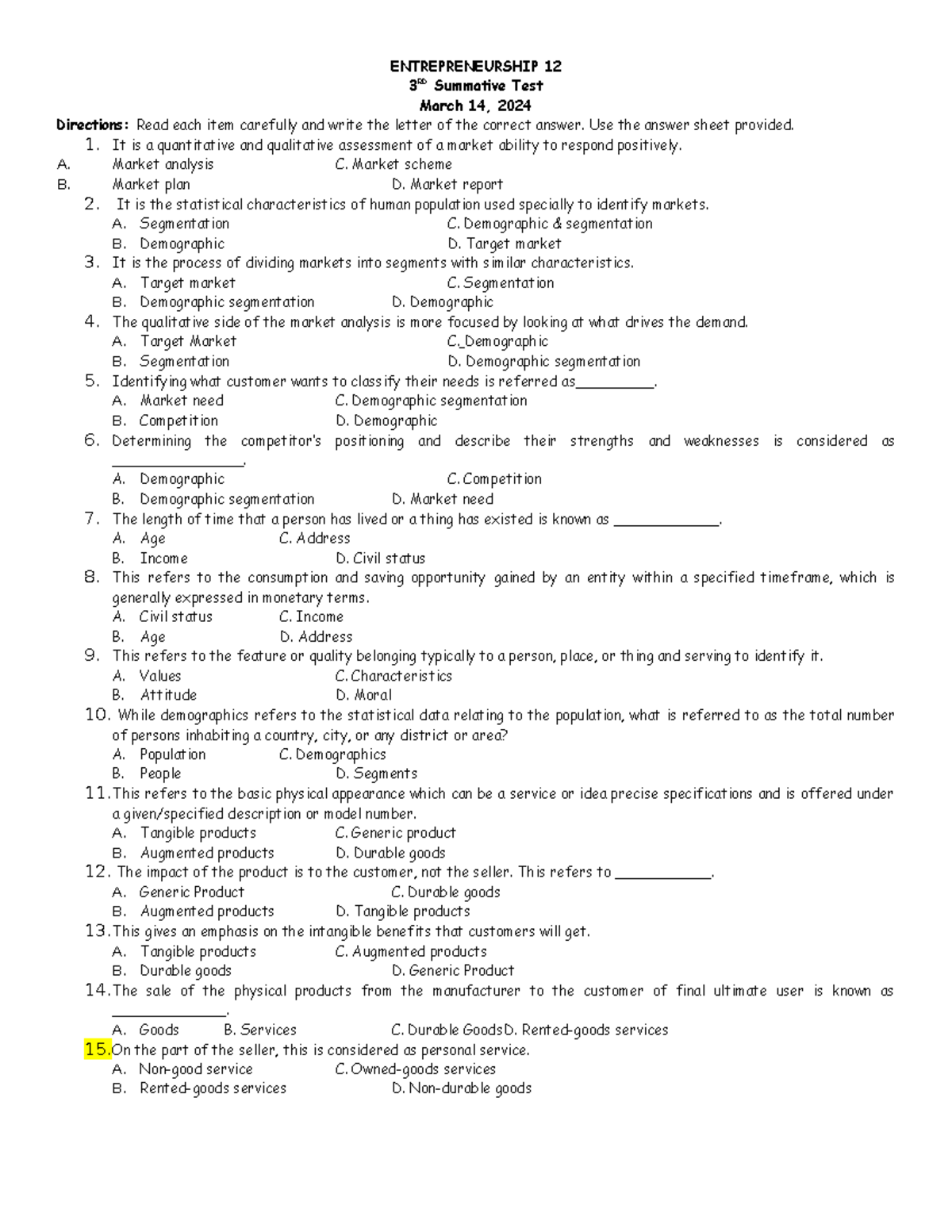 Entrep 3rd summative test for 2023-2024 - ENTREPRENEURSHIP 12 3 RD ...