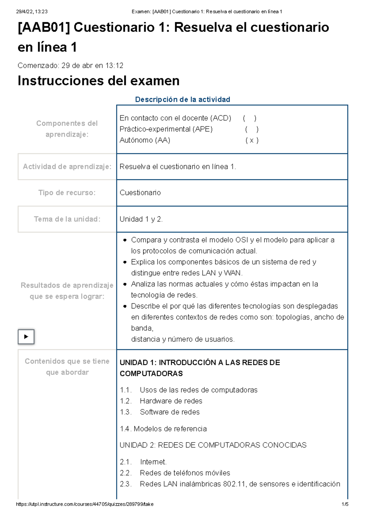 Examen [AAB01] Cuestionario 1 Resuelva El Cuestionario En Línea 1 ...