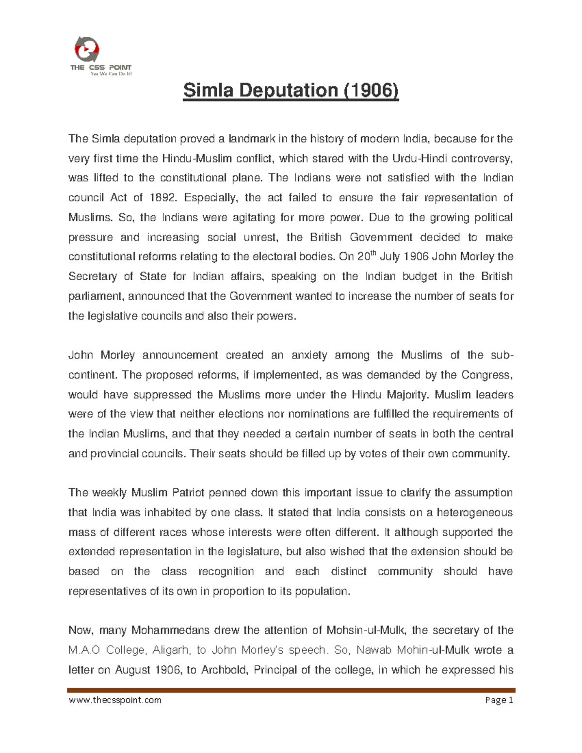 Simla Deputation (1906) thecsspoint Page 1 Simla Deputation (1906
