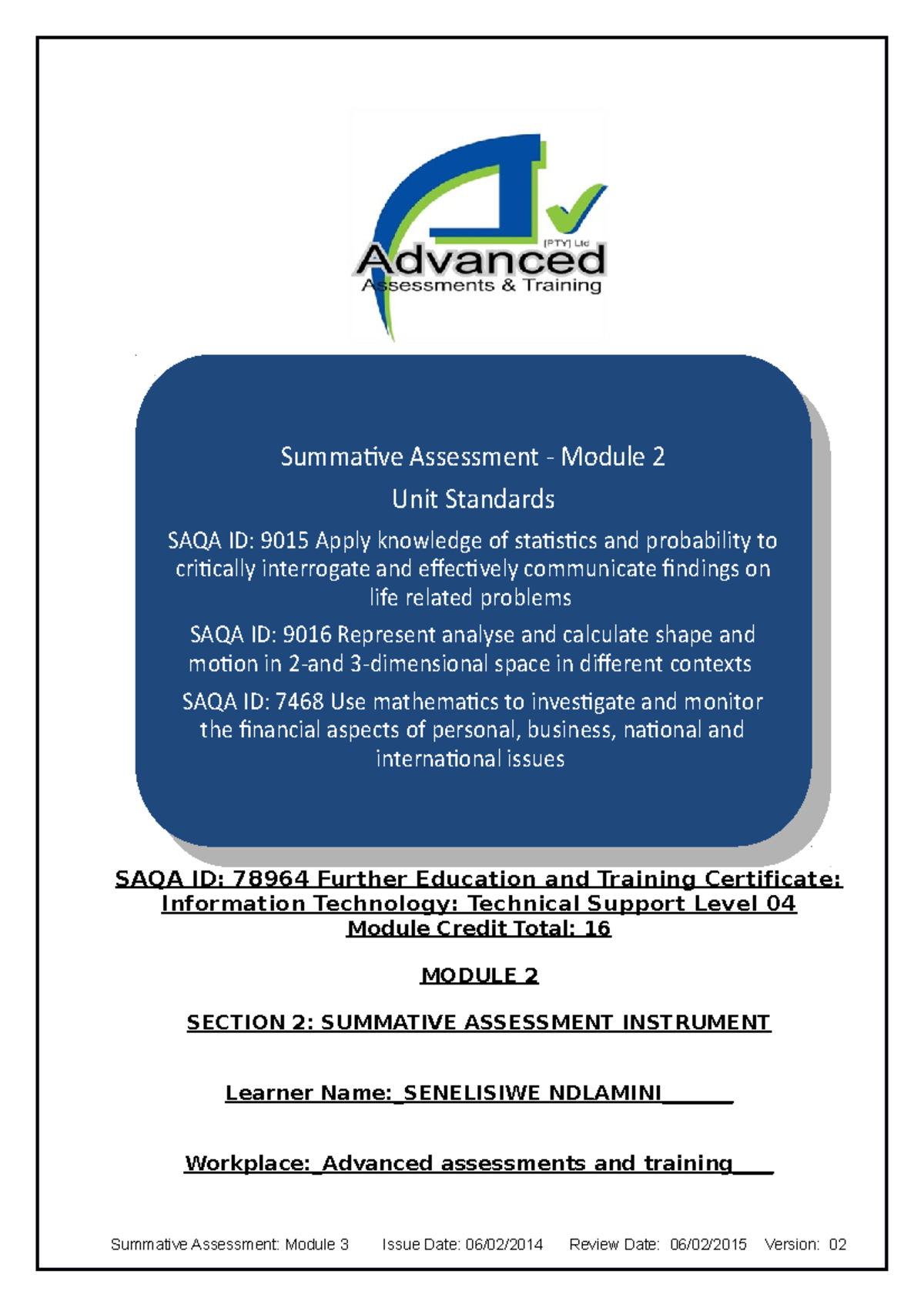 Module 2 få assignment - SAQA ID: 78964 Further Education and Training ...