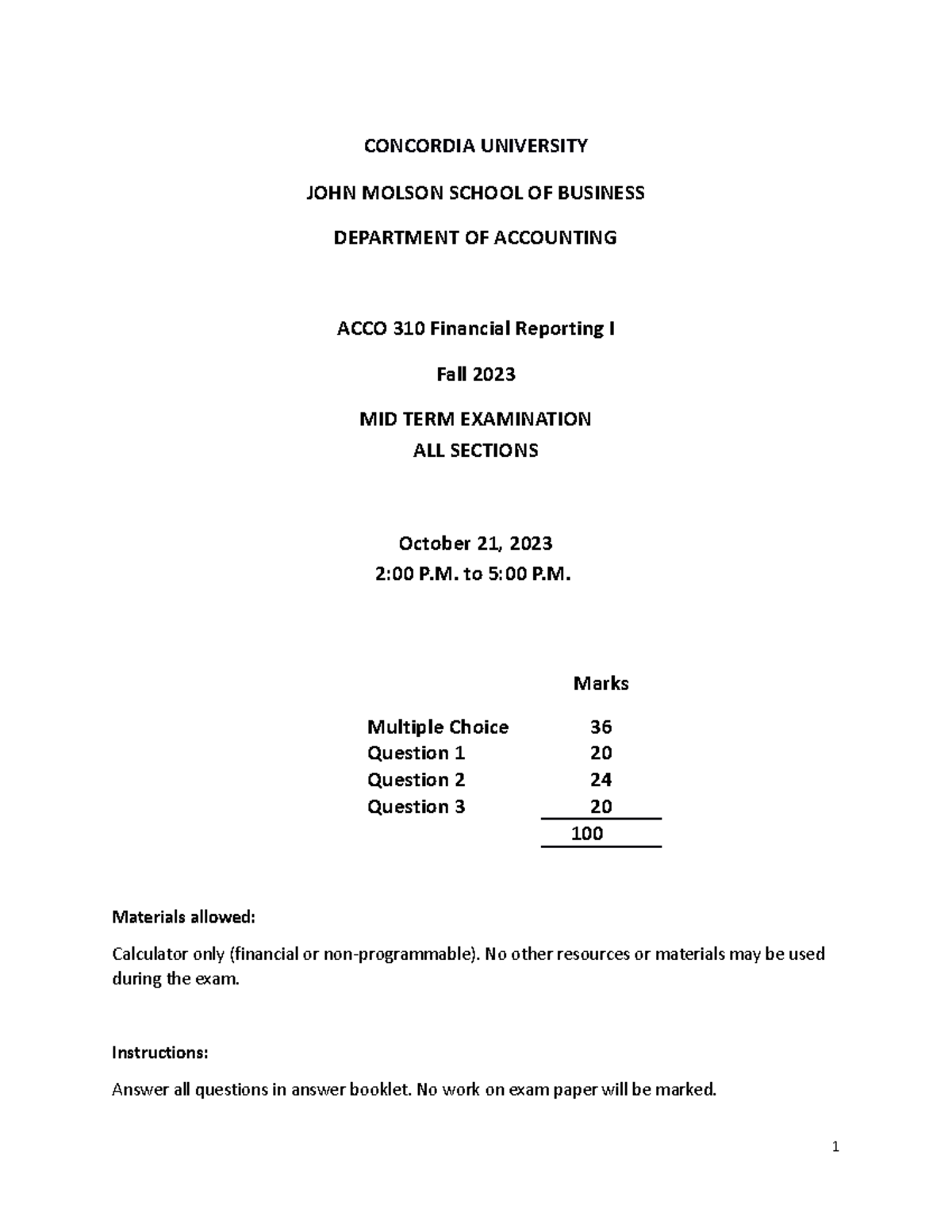 Midterm exam Fall 2023 revised - CONCORDIA UNIVERSITY JOHN MOLSON ...