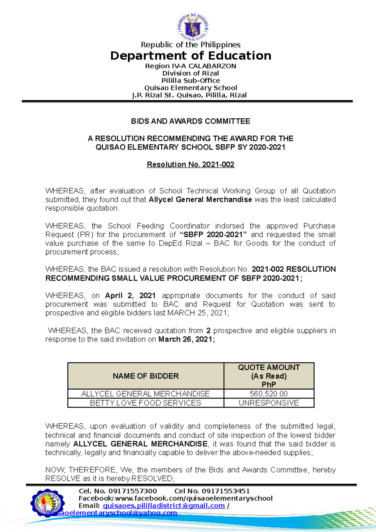 Resolution To Award Republic Of The Philippines Department Of 