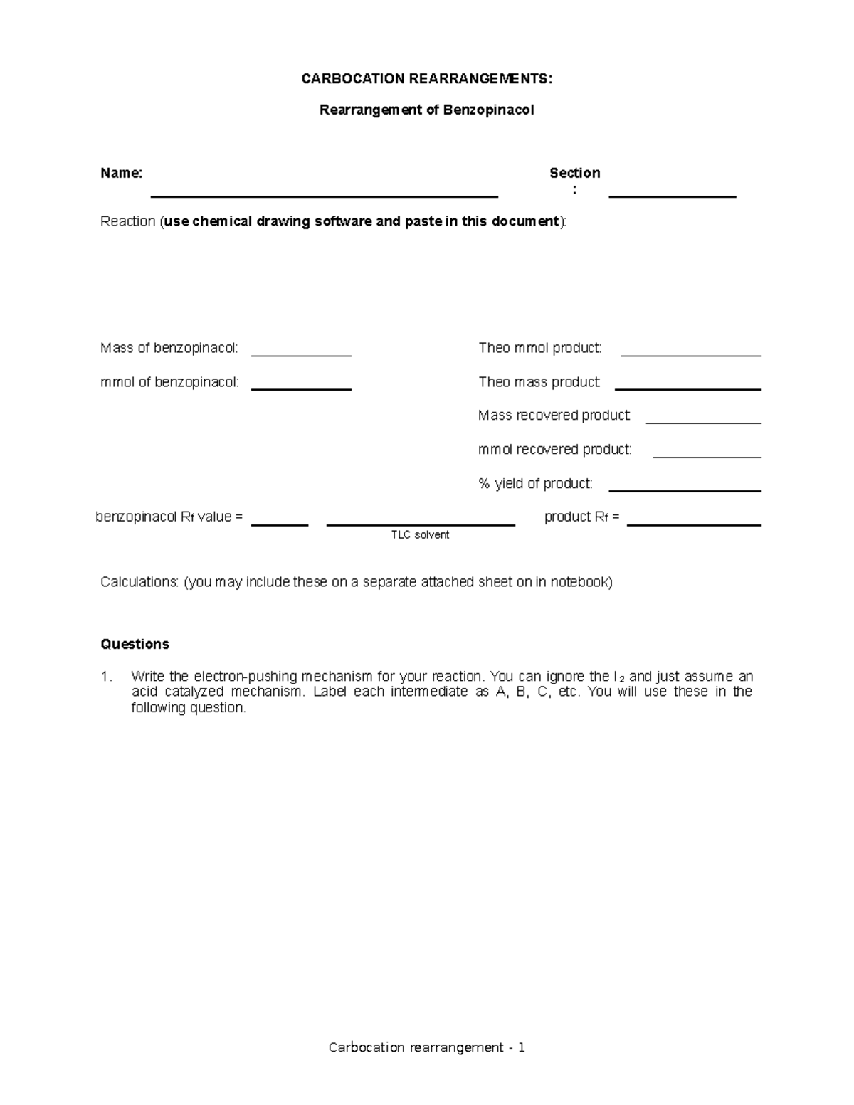 310 10 211C+ datasheet postlab - CARBOCATION REARRANGEMENTS ...