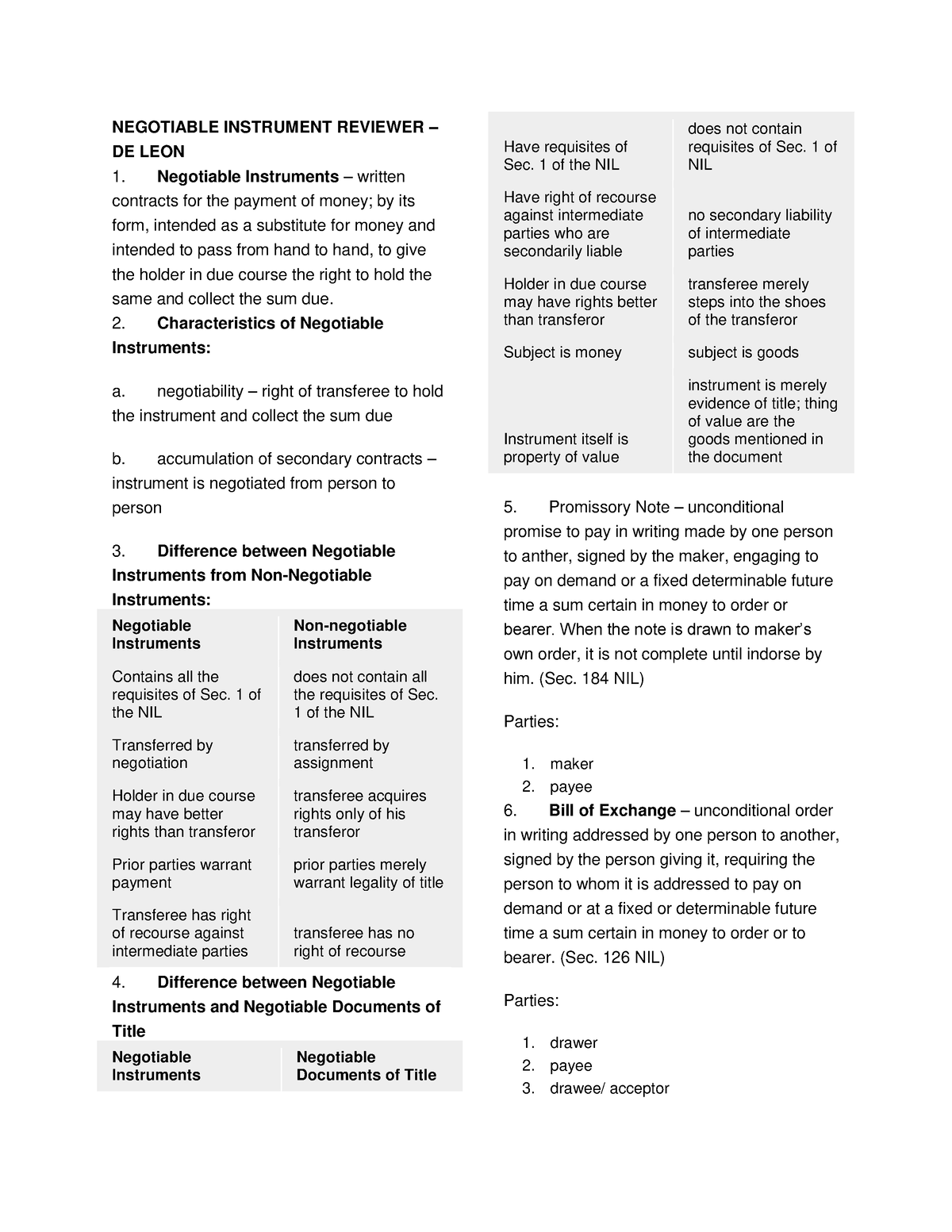 Negotiable instrument reviewer de leon negotiable instruments non