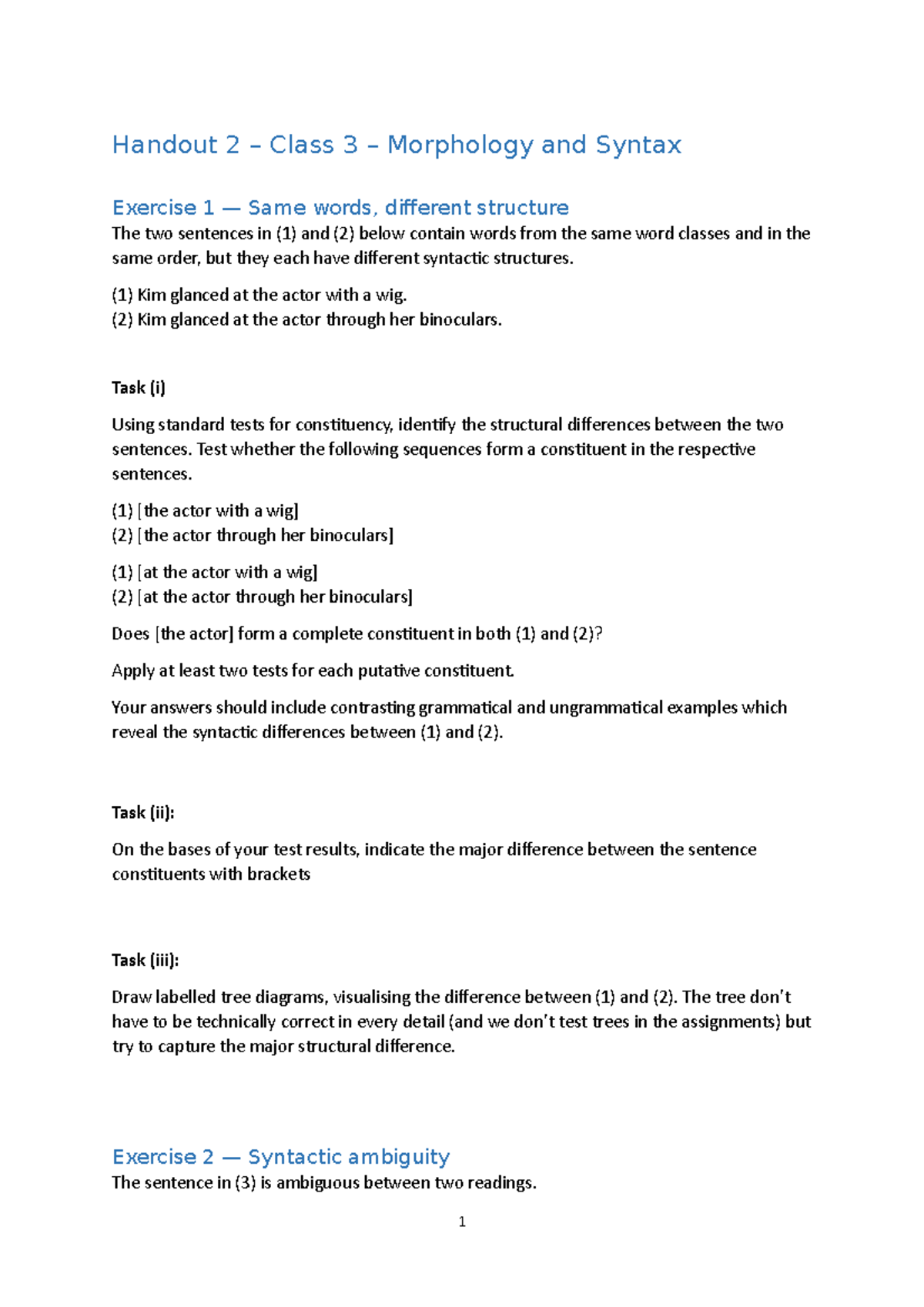 Handout 2 - Class 3 - Handout 2 – Class 3 – Morphology and Syntax ...