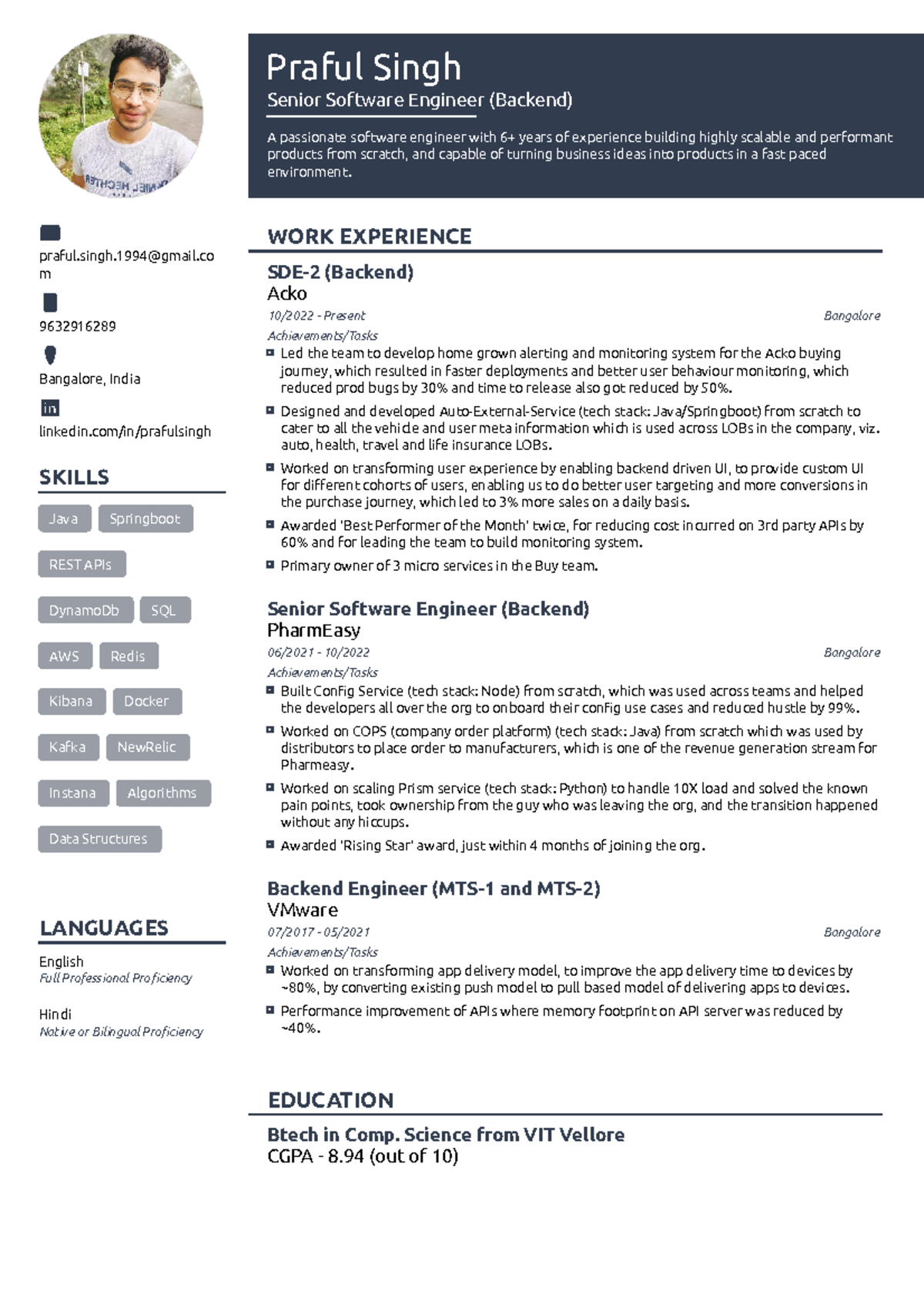 Praful's Resume - Praful Singh Senior Software Engineer (Backend) A ...