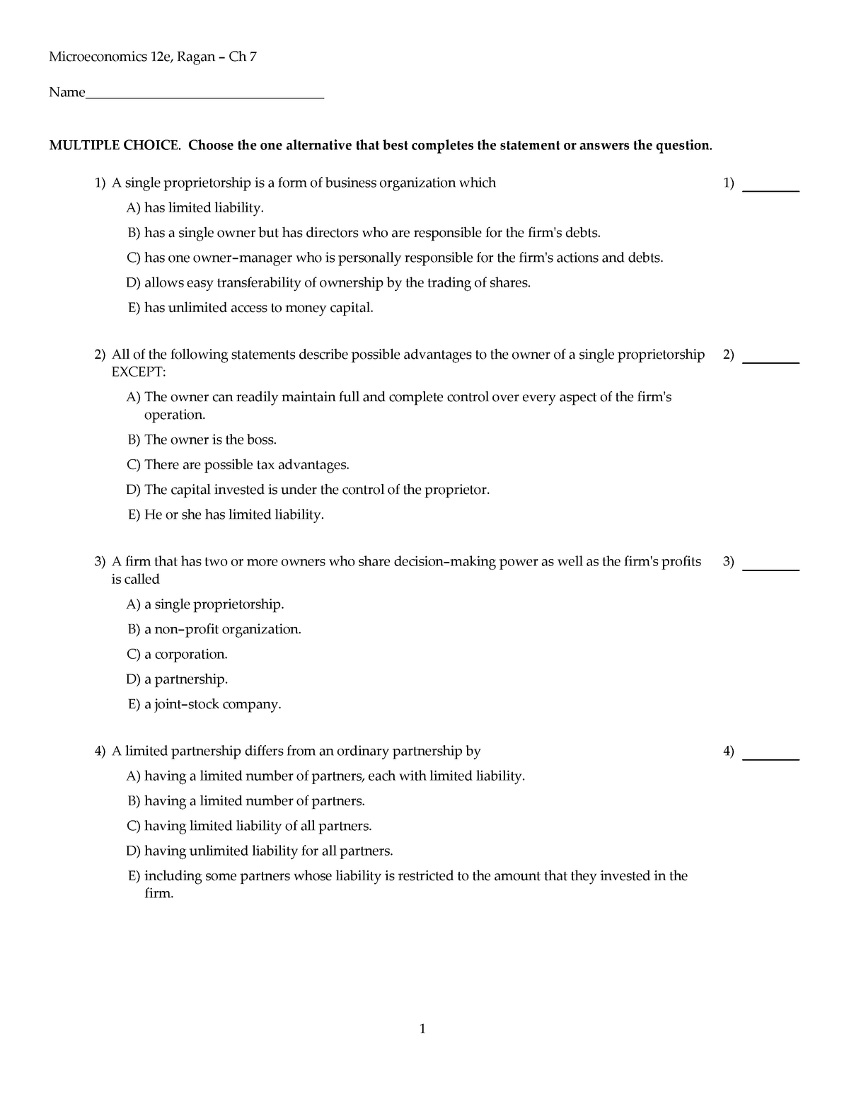 Practise Exam Chapter 7 - Microeconomics 12e, Ragan - Ch 7 Name