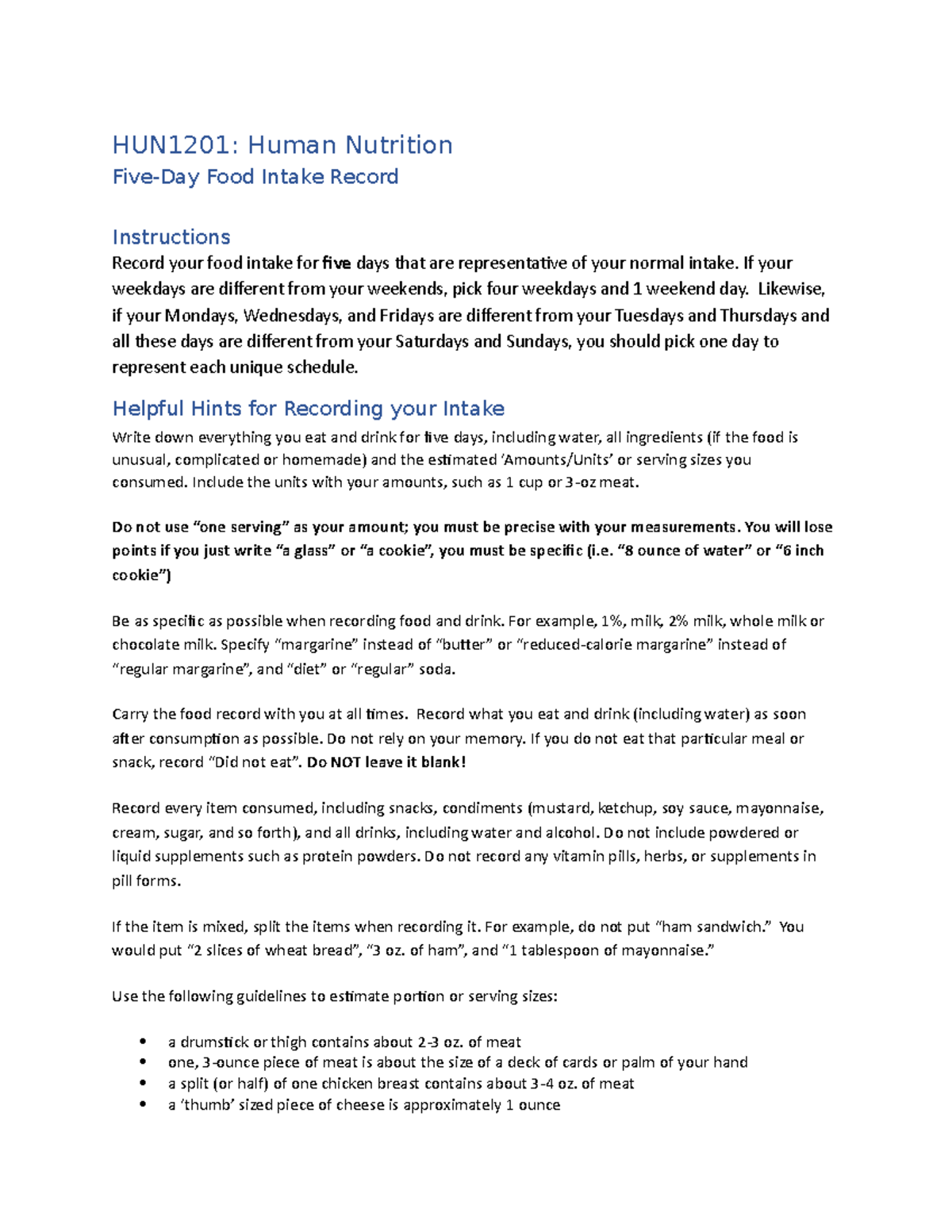 HUN1201 Food Intake Record - HUN1201: Human Nutrition Five-Day Food ...