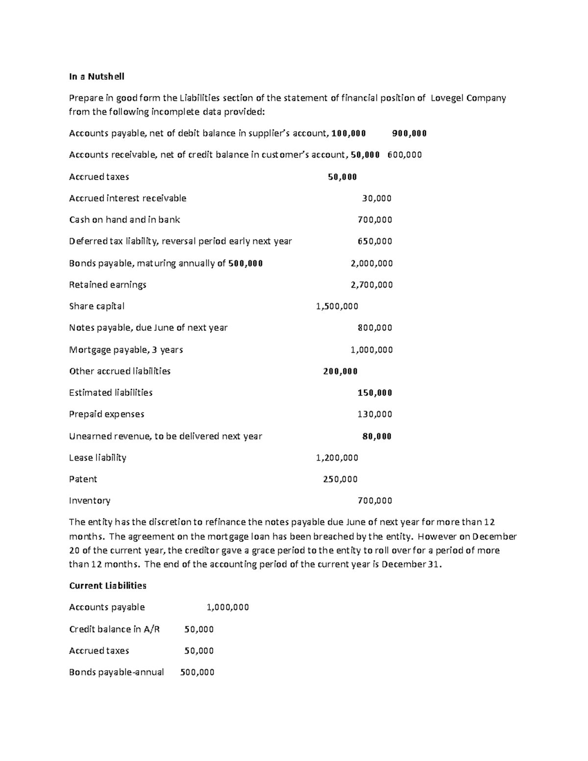 Problem solving of liabilities - In a Nutshell Prepare in good form the ...