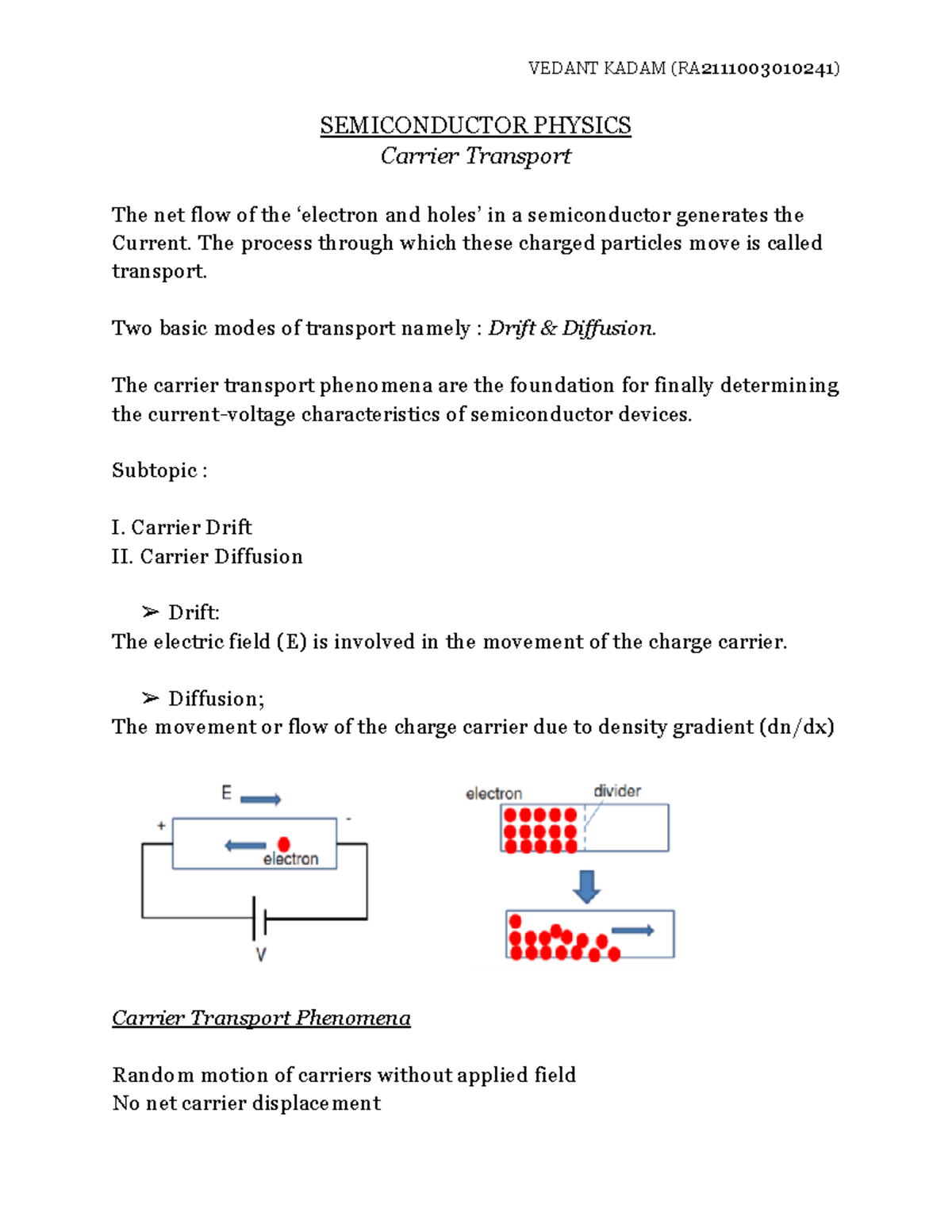 Carrier Drift and Carrier Diffusion - VEDANT KADAM (RA 2111003010241 ...