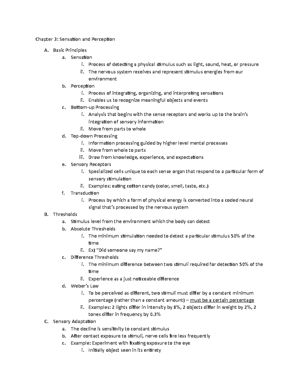 Chapter 3 Notes - Chapter 3: Sensation and Perception A. Basic ...