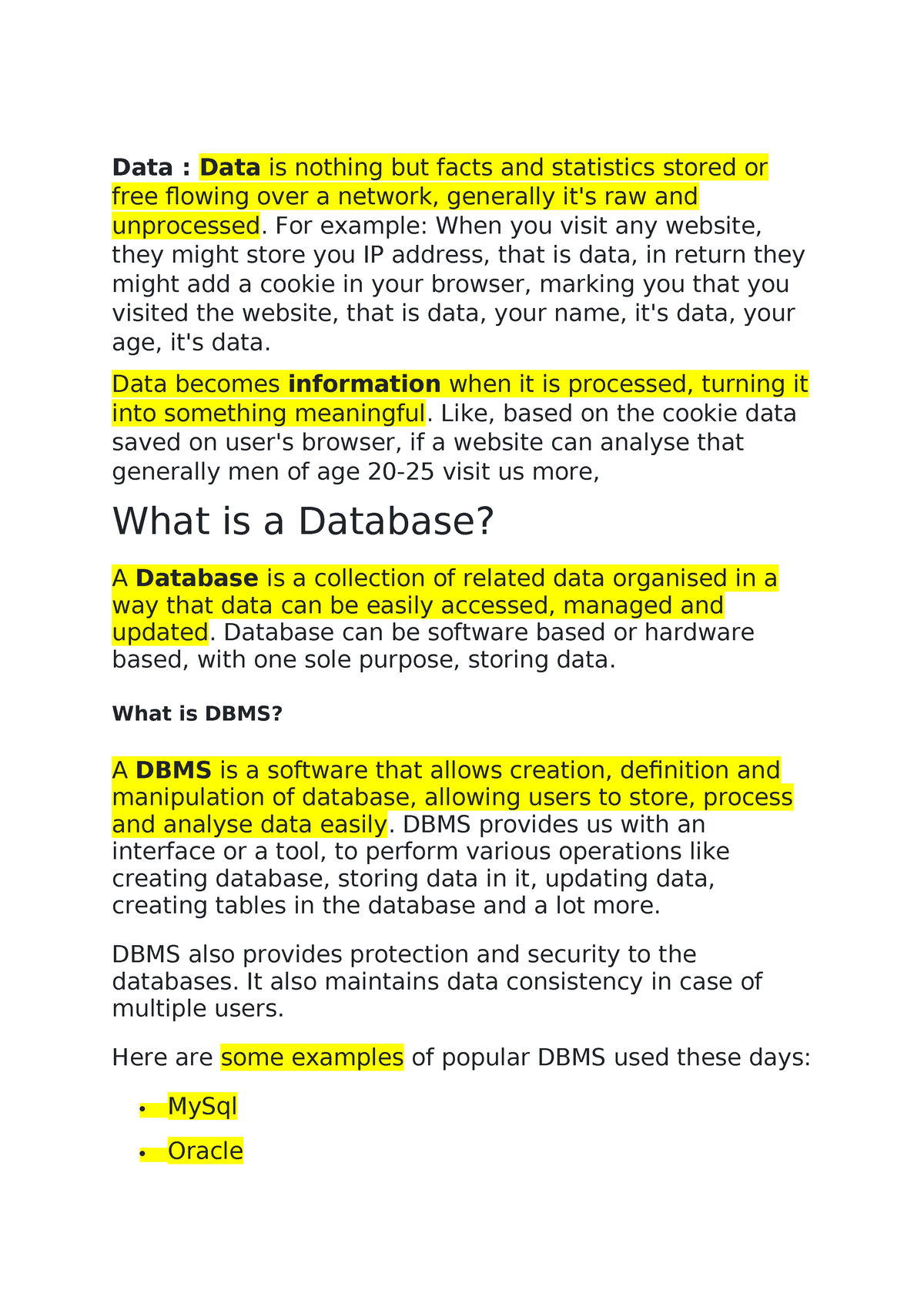 UNIT 1 DBMS - DBMS Unit 1 Notes - Data : Data Is Nothing But Facts And ...