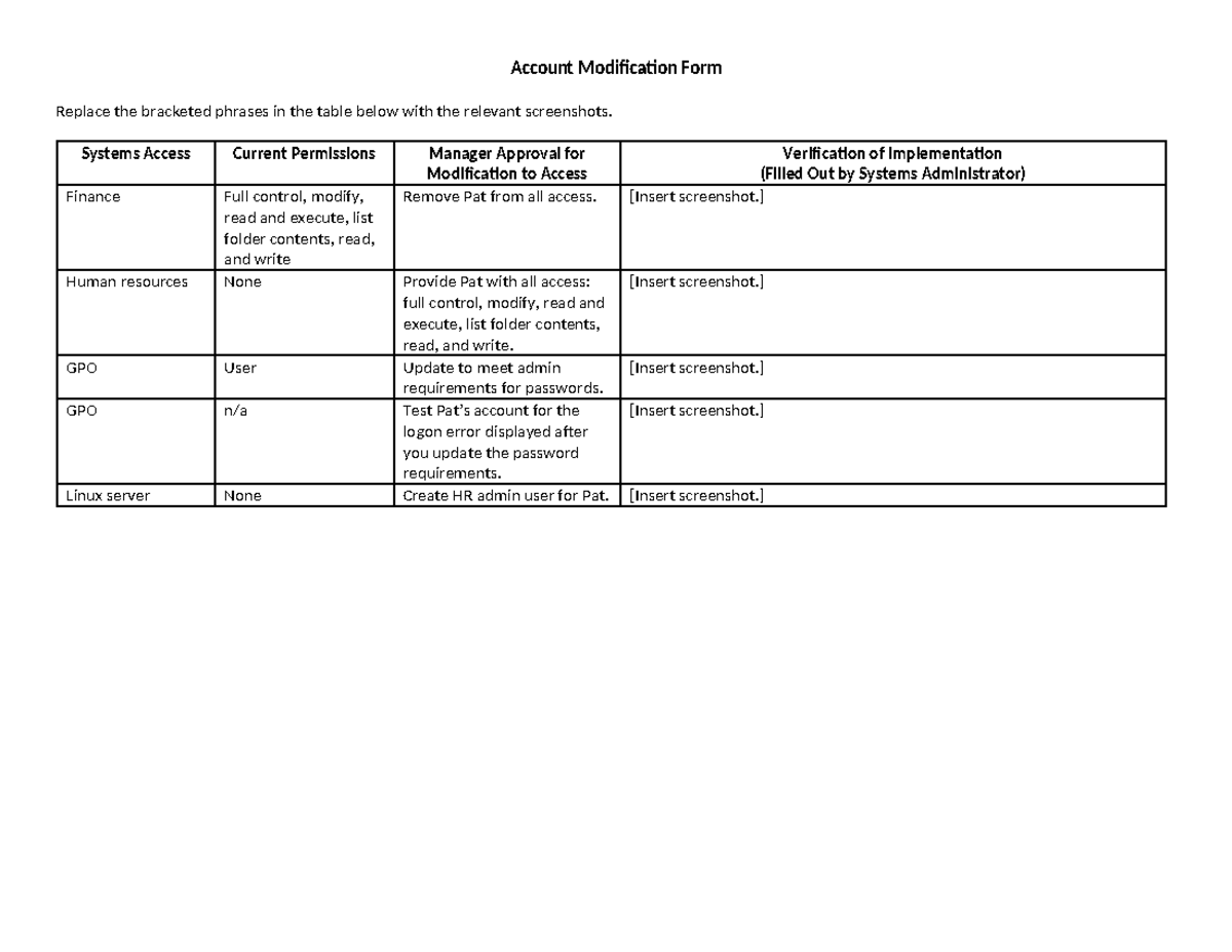 Account Modification Form Account Modification Form Replace the