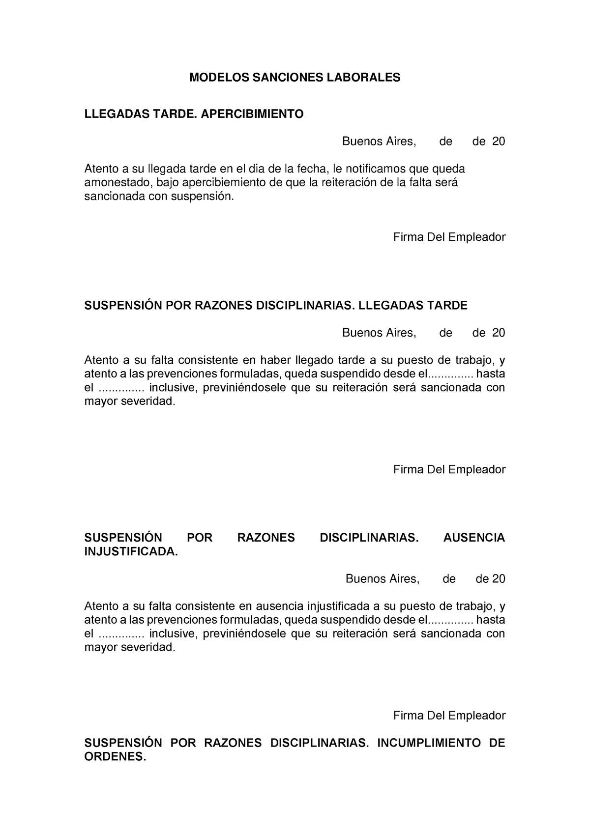 Modelos Sanciones Laborales - MODELOS SANCIONES LABORALES LLEGADAS TARDE.  APERCIBIMIENTO Buenos - Studocu