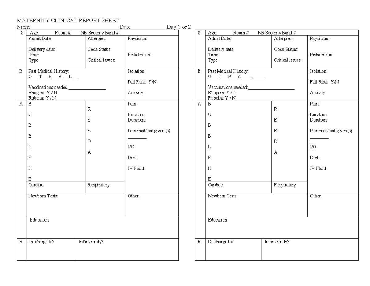 Maternity SBAR - NA to - MATERNITY CLINICAL REPORT SHEET Name