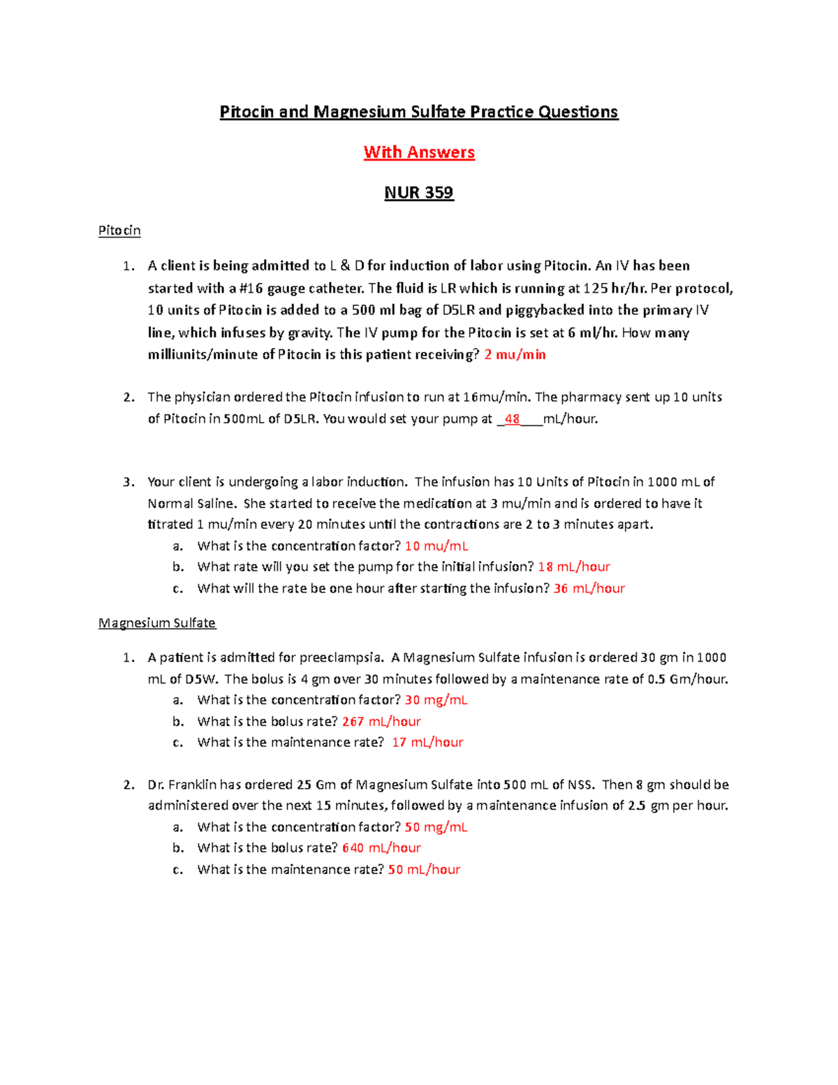 Pitocin and Magnesium Sulfate Practice Questions and answers Pitocin and Magnesium Sulfate