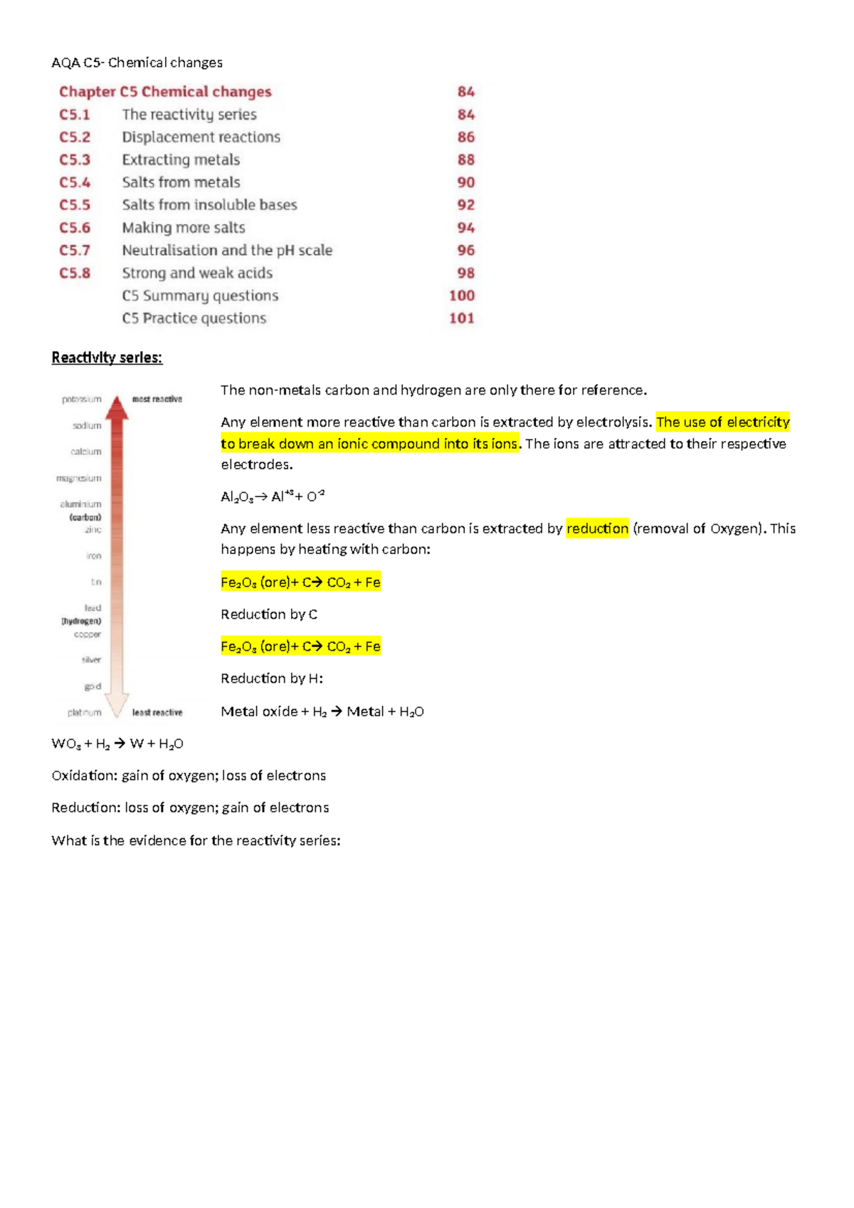 AQA C5 Chemical Changes - AQA C5- Chemical changes Reactivity series ...