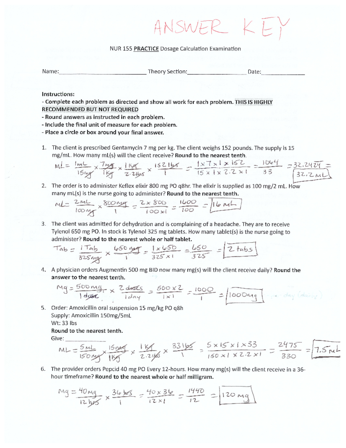 NUR 155 L Practice Dose Calc #1 - Answers - NUR 155 - Studocu