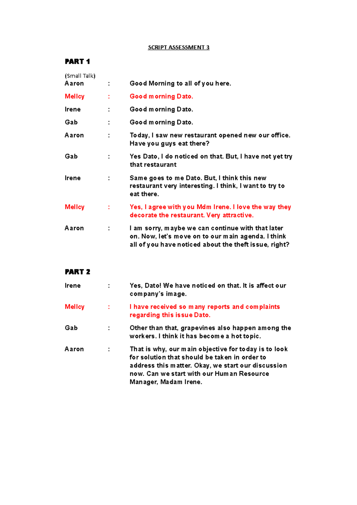 Script Assessment 3 Latest - SCRIPT ASSESSMENT 3 PART 1 (Small Talk ...