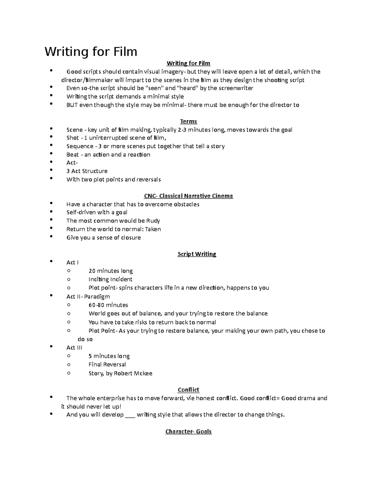 Writing for Film - Lecture notes 2 - Writing for Film Writing for Film ...