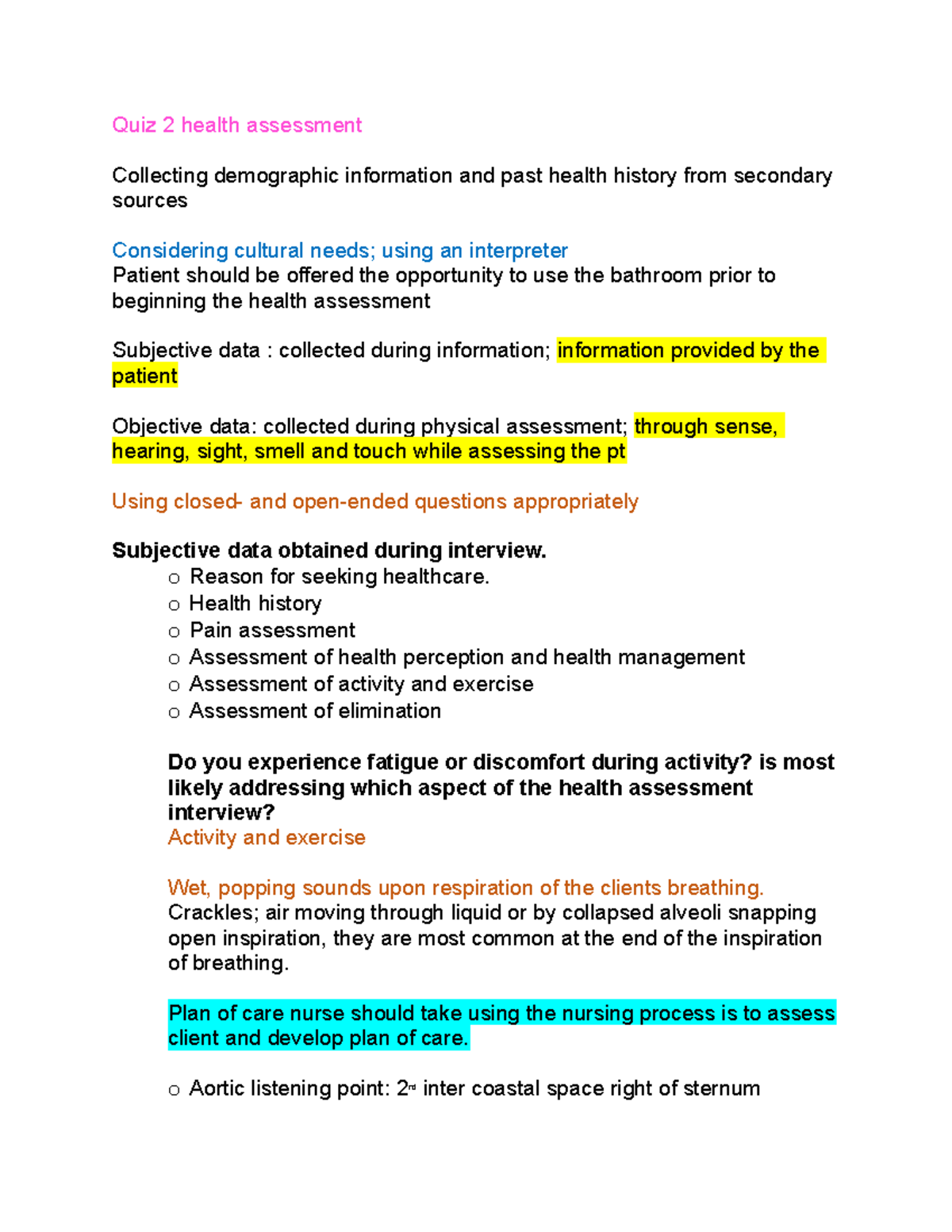 Quiz 2 Study Guide - Quiz 2 Health Assessment Collecting Demographic ...