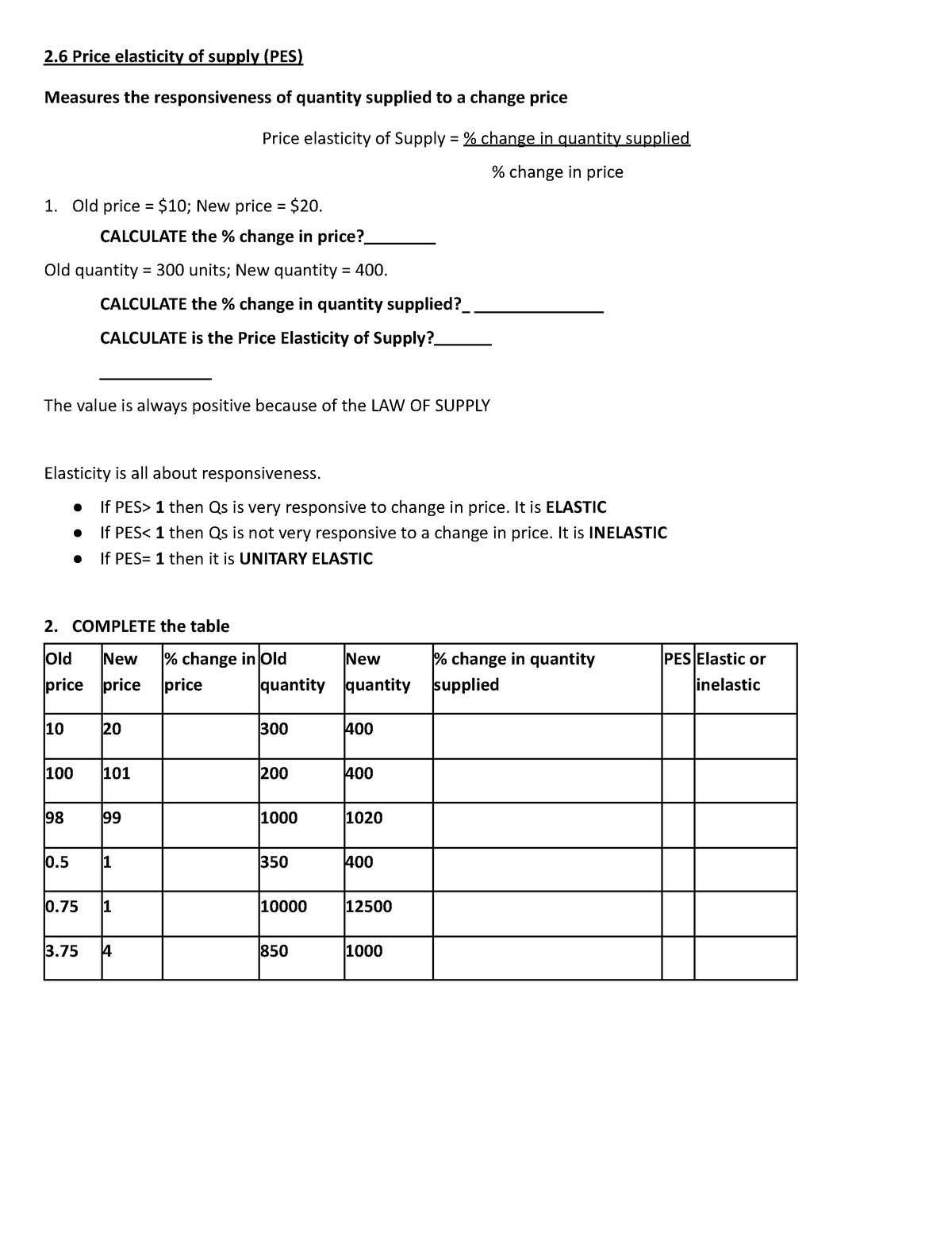 2.6 Price elasticity of supply (PES) 2 Price elasticity of supply