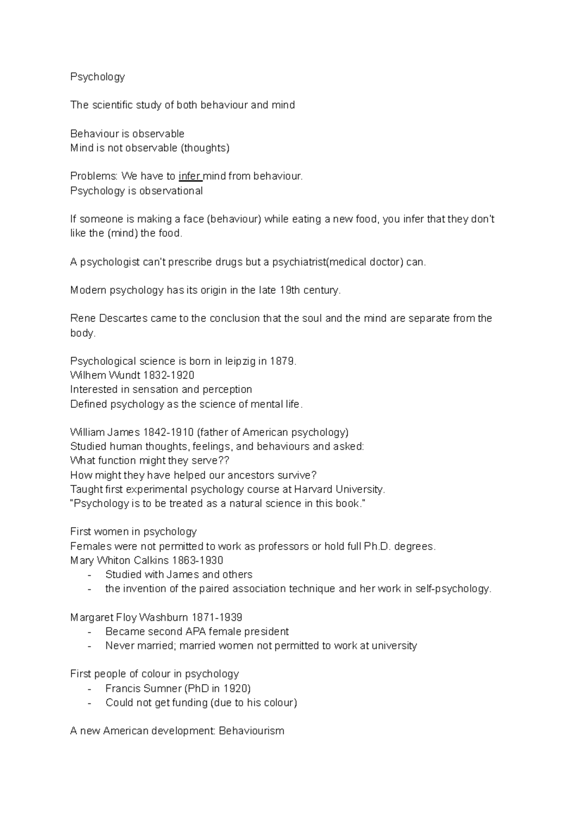 Notes for PSY1101 - Psychology The scientific study of both behaviour ...