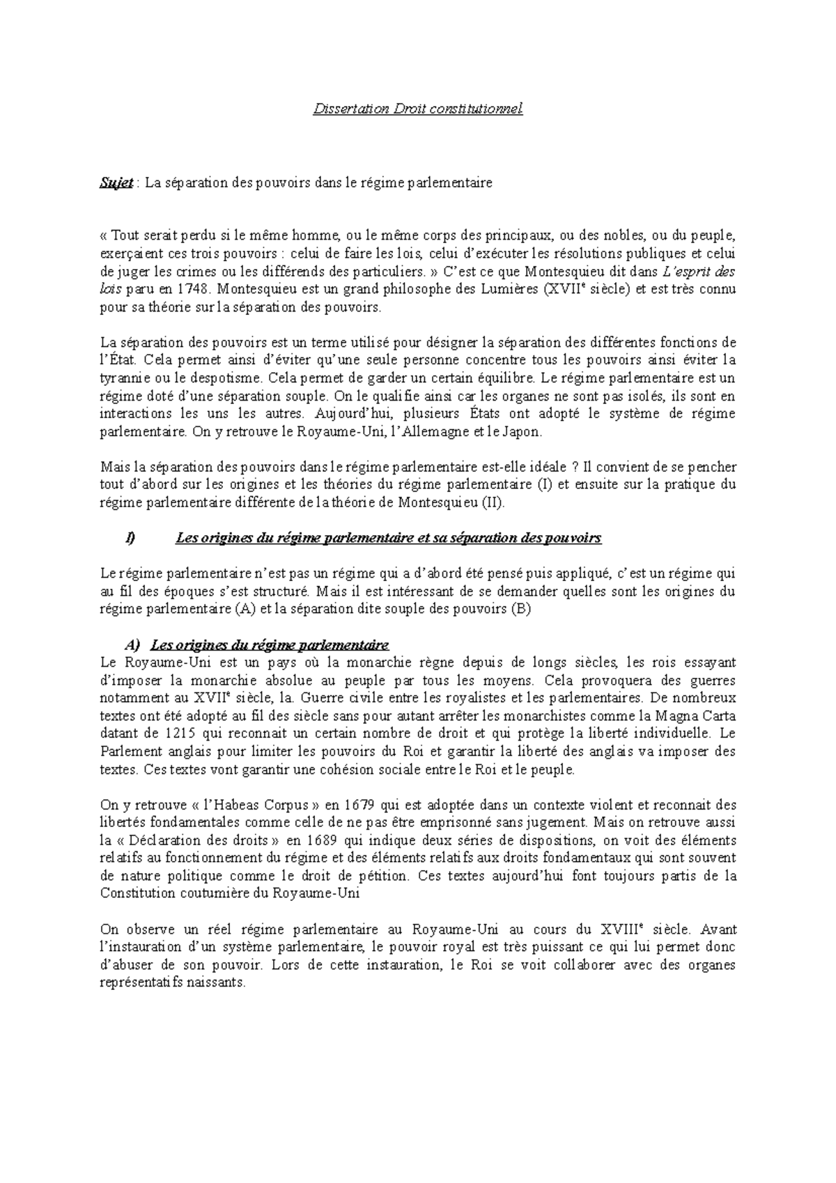 Régime Parlementaire Et Régime Présidentiel Dissertation Pdf Dissertation La séparation des pouvoirs dans le régime parlementaire -  Dissertation Droit - Studocu