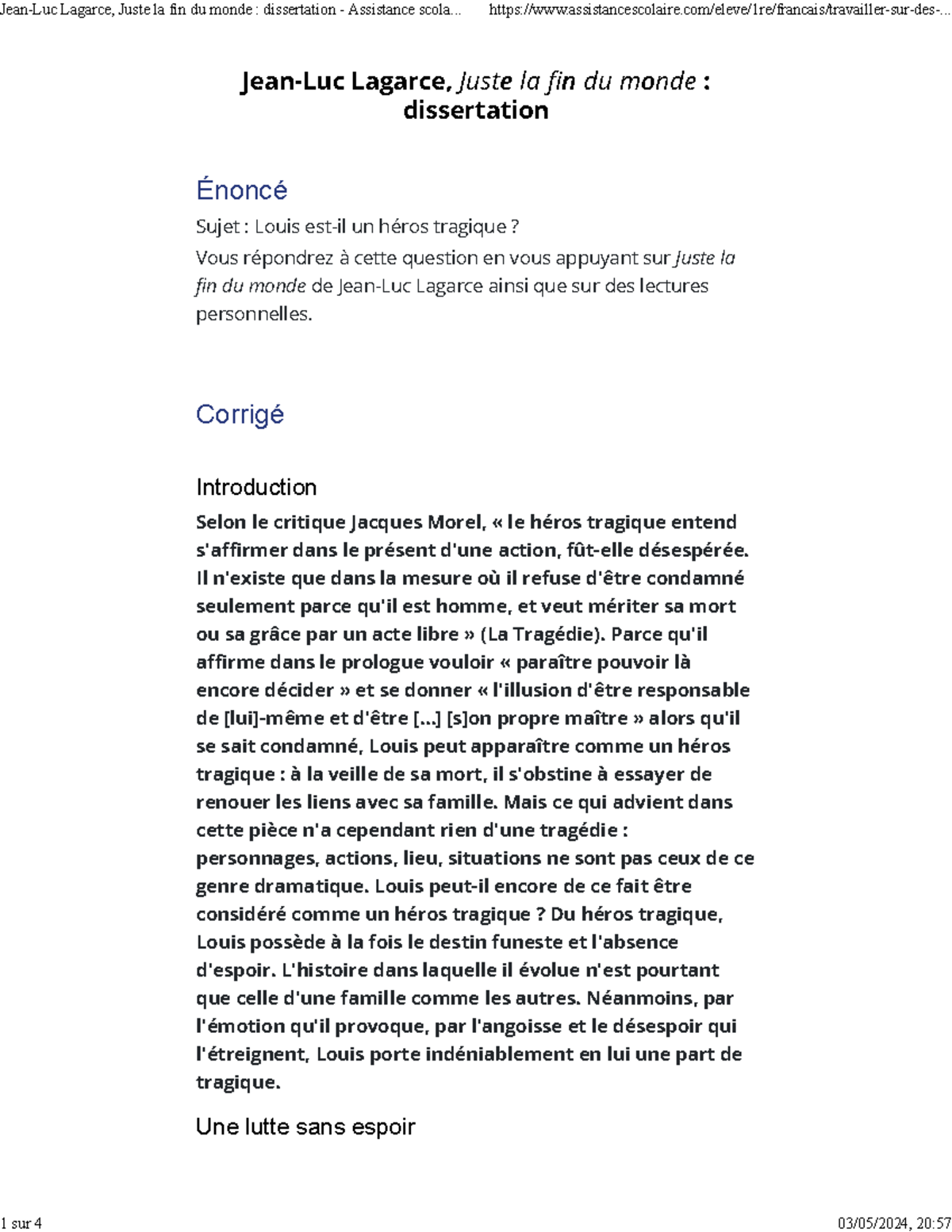 introduction dissertation jean luc lagarce juste la fin du monde