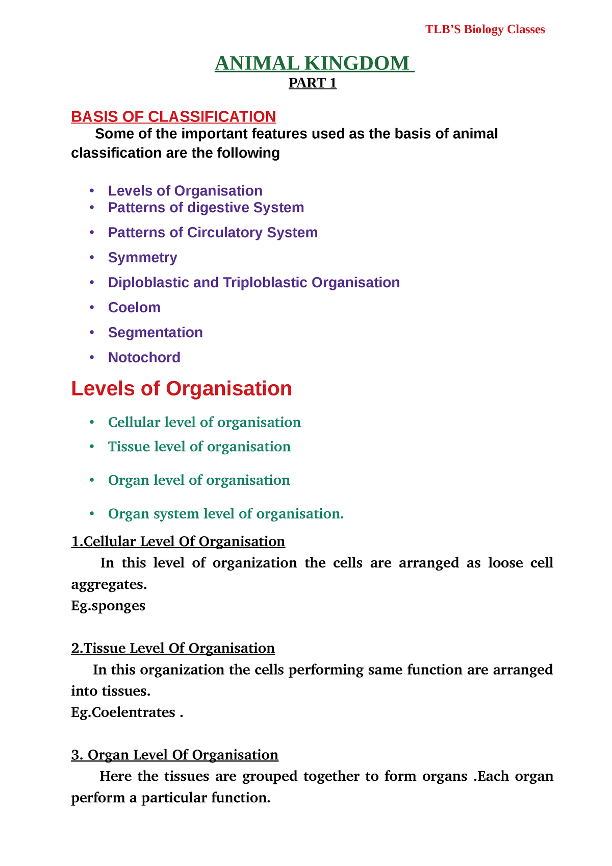Animal Kingdom Part 1 notes - ANIMAL KINGDOM PART 1 BASIS OF CLASSIFICATION  Some of the important - Studocu
