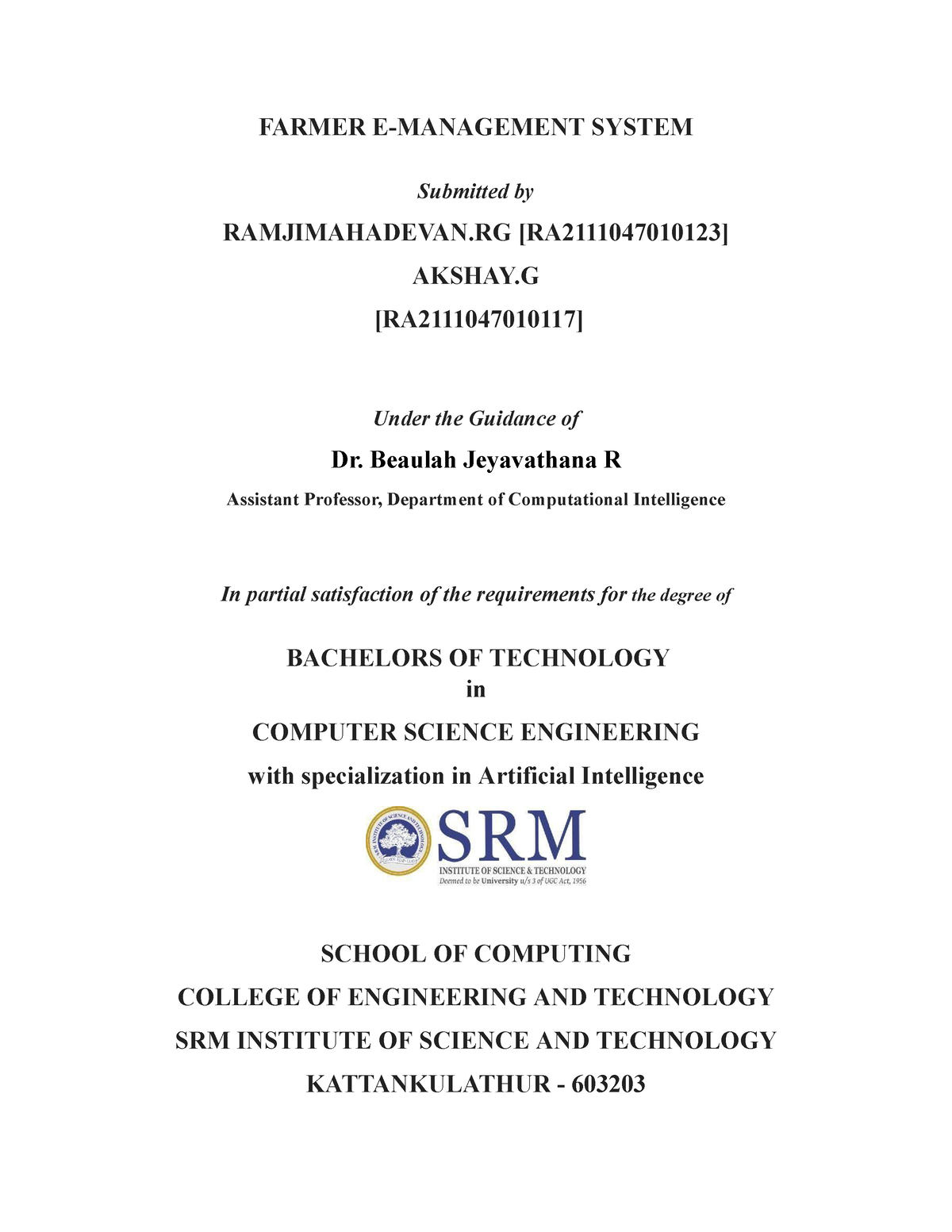 123, 117 DBMS Project Report - FARMER E-MANAGEMENT SYSTEM Submitted by ...