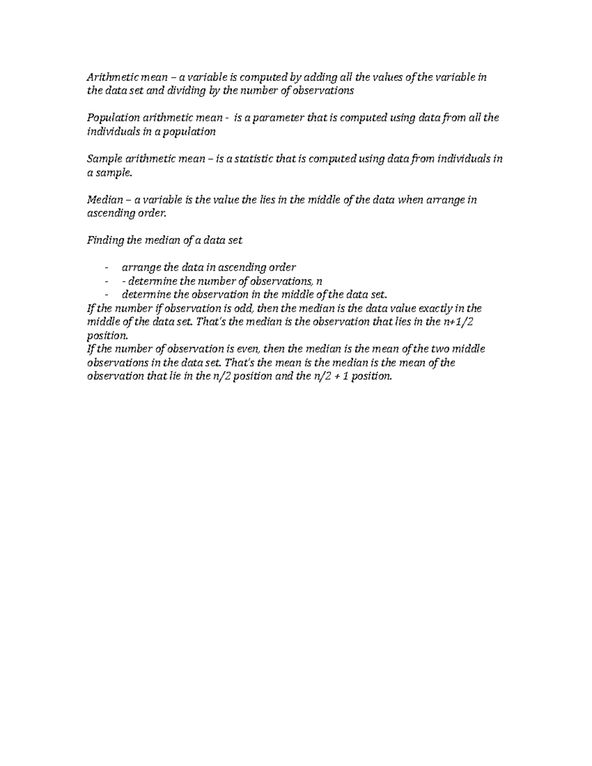 Math notes - Arithmetic mean – a variable is computed by adding all the ...
