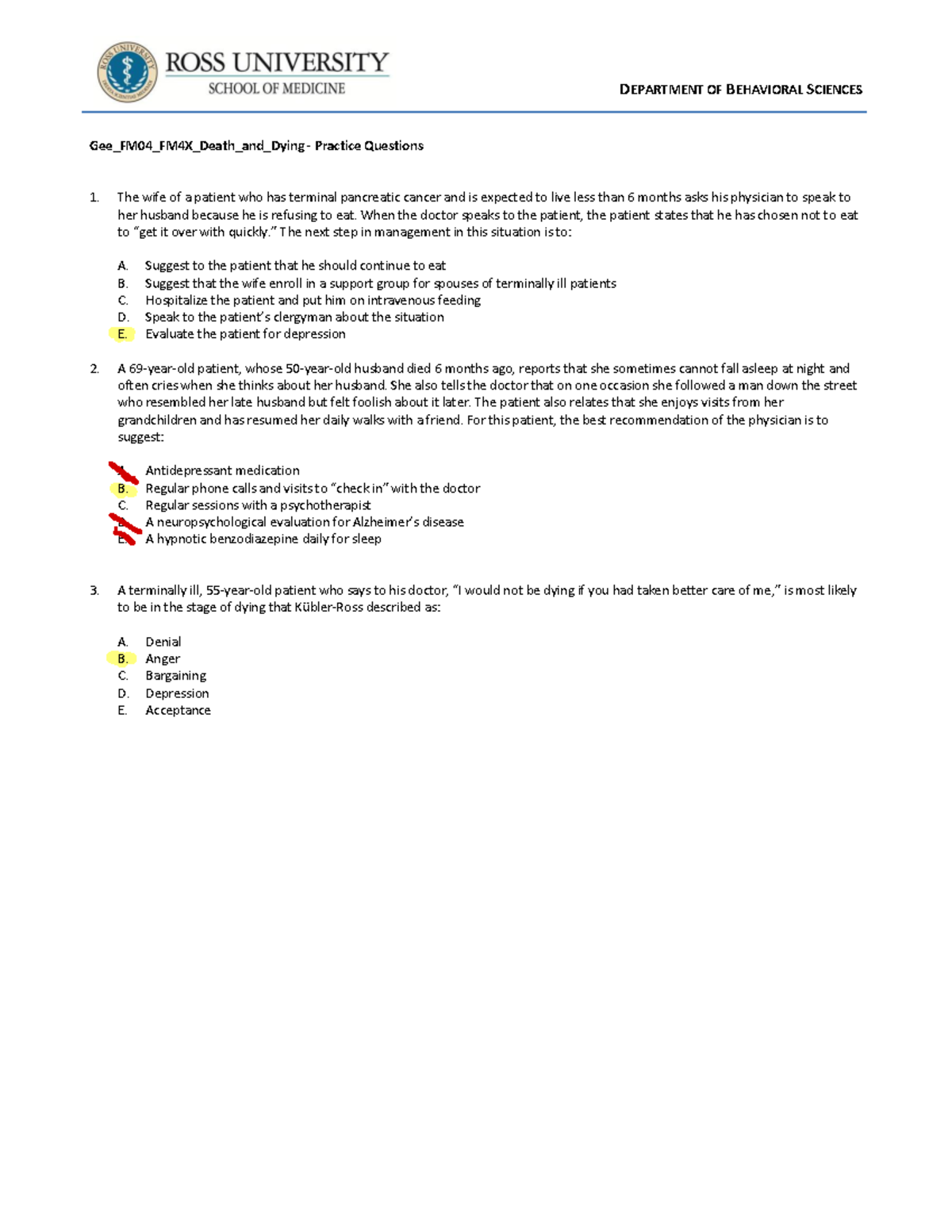 Death and Dying Practice Questions DEPARTMENT OF BEHAVIORAL SCIENCES