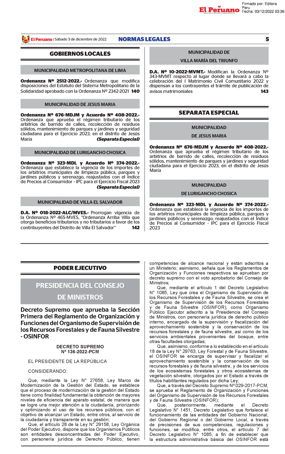 Decreto Supremo Nº 136-2022-PCM - El Peruano /Sábado 3 De Diciembre De ...