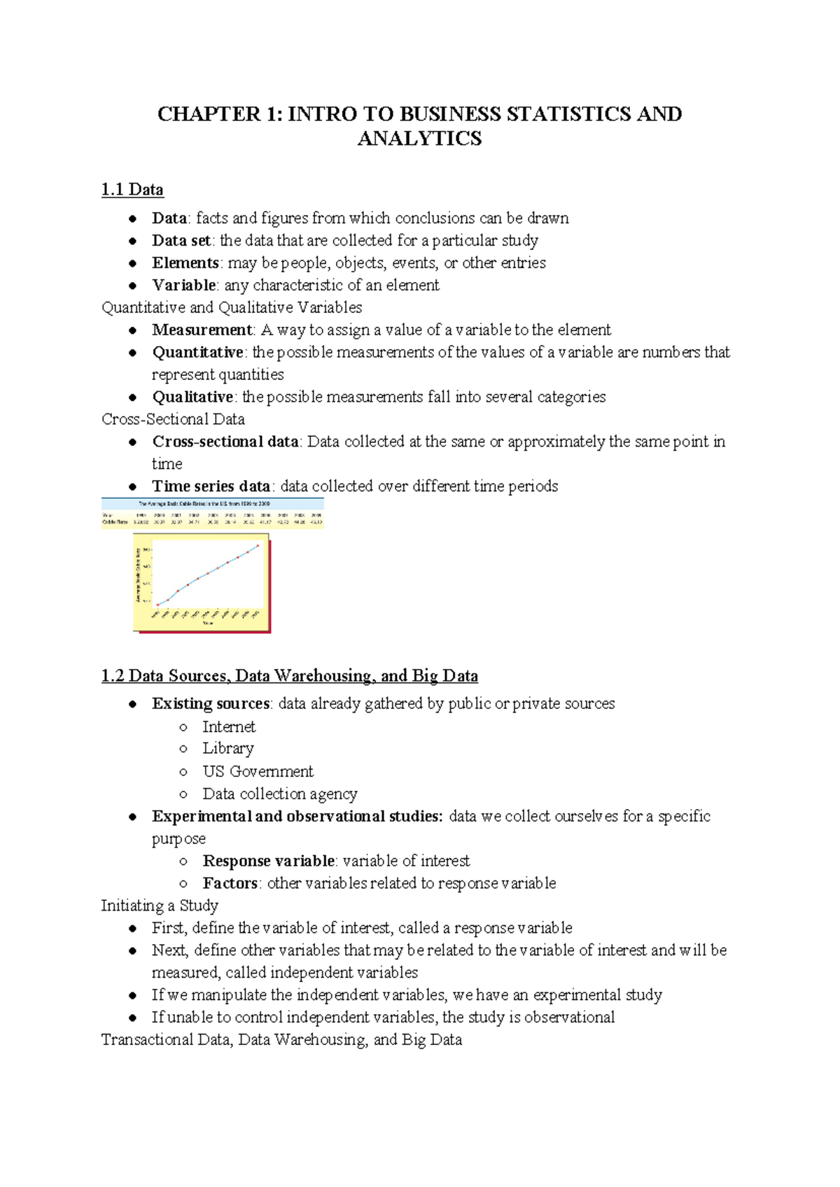 COMM 214 Notes - CHAPTER 1: INTRO TO BUSINESS STATISTICS AND ANALYTICS ...