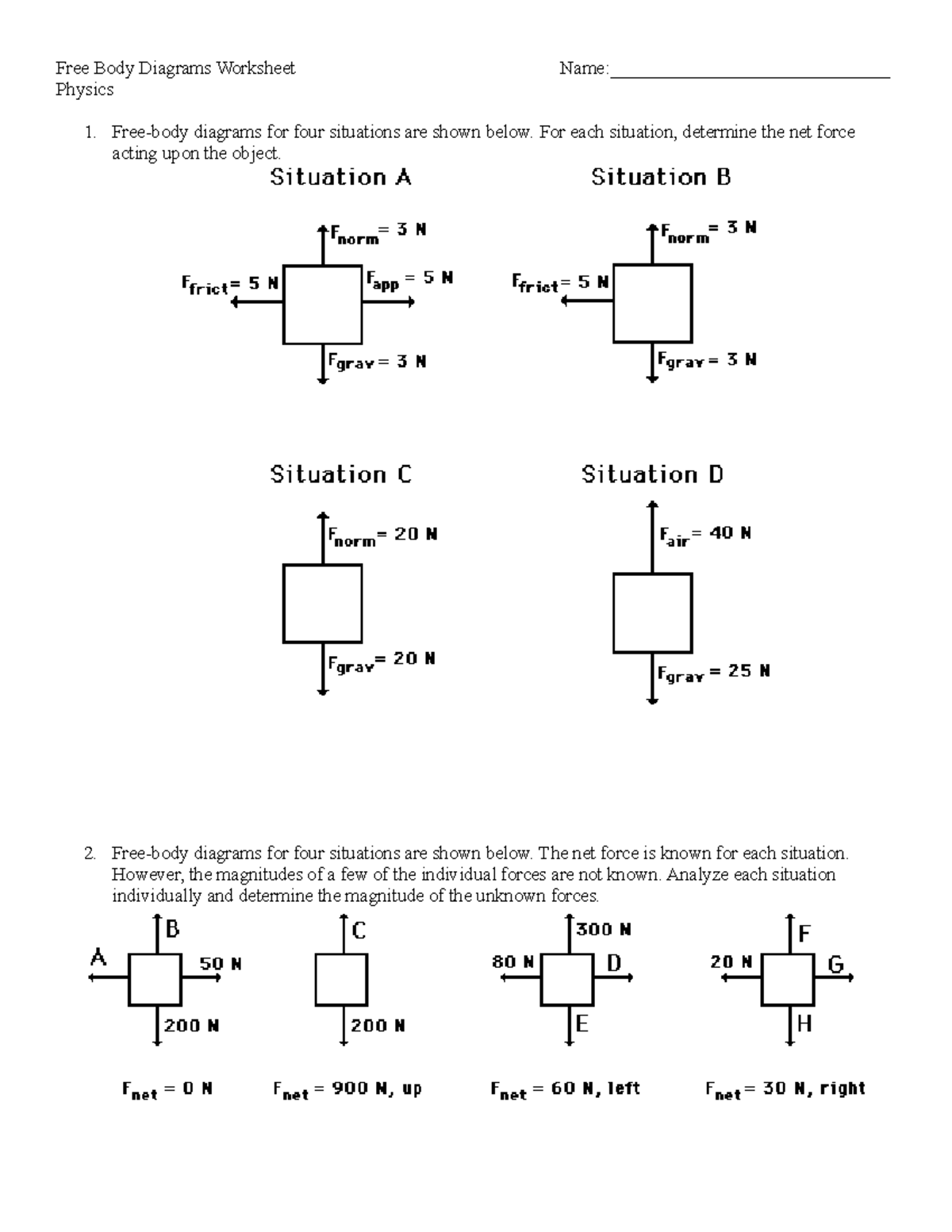 Free Body Diagrams Worksheet - For each situation, determine the net ...